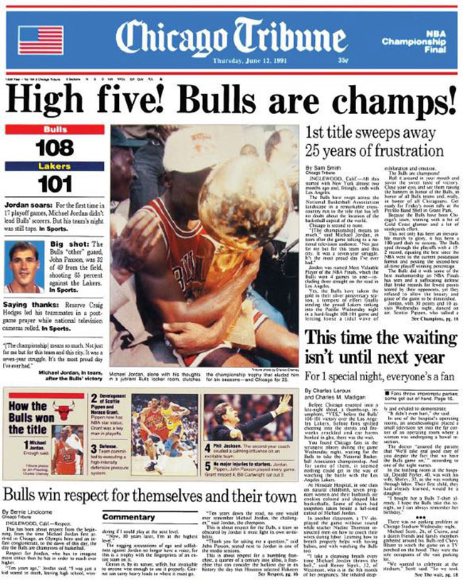 The Chicago Bulls championship win featured on the front page of the Chicago Tribune on June 13, 1991.