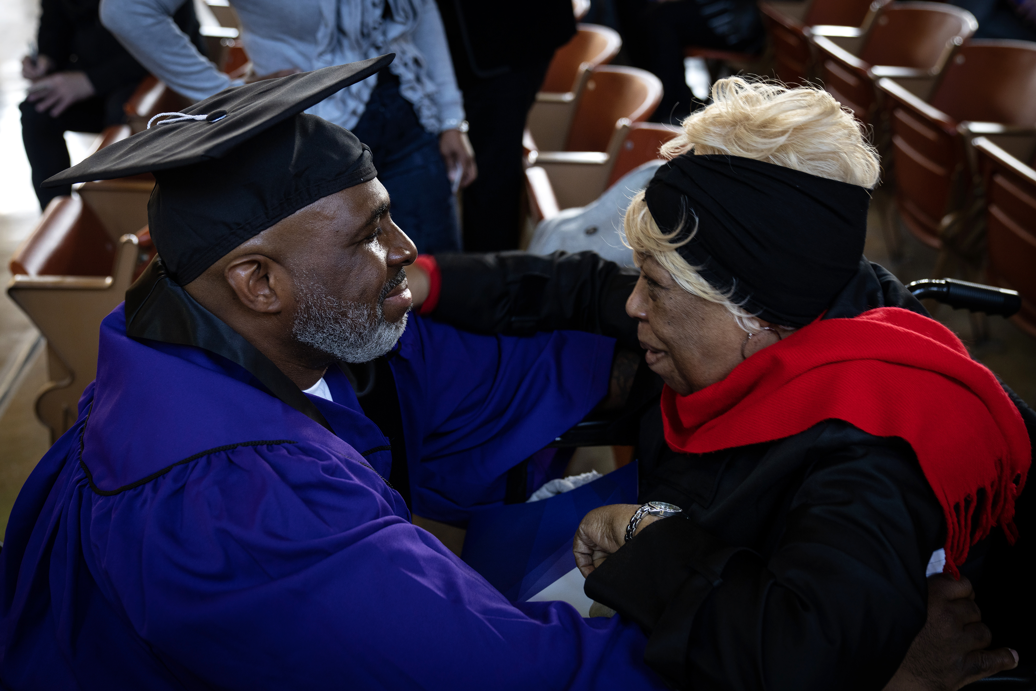 Michael Broadway has an emotional reunion with his mother Elizabeth Broadway before his commencement from the Northwestern Prison Education Program at Stateville Correctional Center on Nov. 15, 2023. The graduating class became the first incarcerated students to earn bachelor's degrees from a top 10 university. (E. Jason Wambsgans/Chicago Tribune)