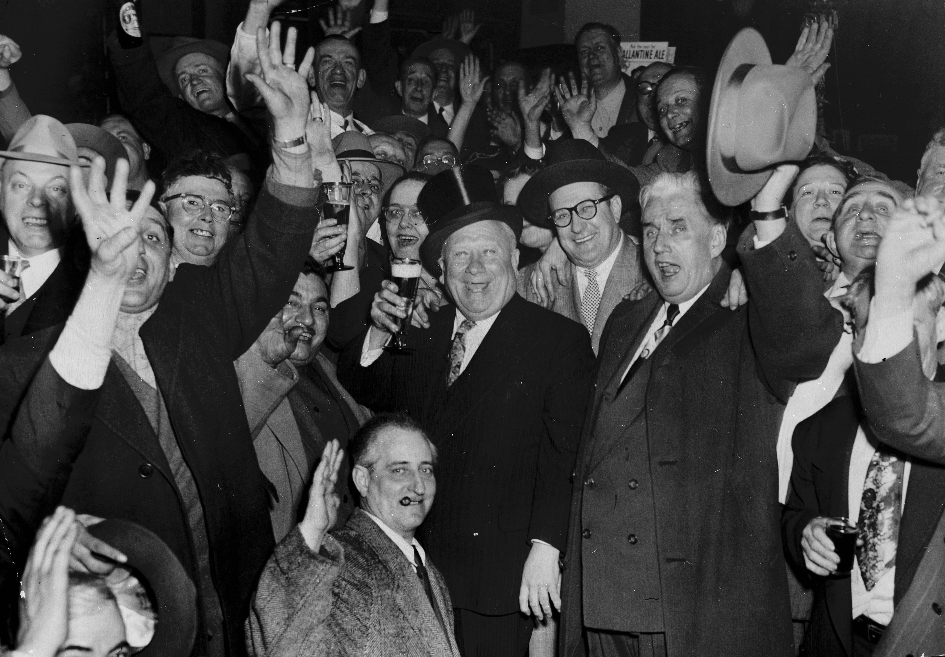 One of Chicago's most colorful politicians, Ald. Mathias "Paddy" Bauler, in the top hat, coined the durable city maxim "Chicago ain't ready for reform." He hosted parties in the 1950s and 1960s in his office and saloon on North Avenue. (Chicago Tribune archive)