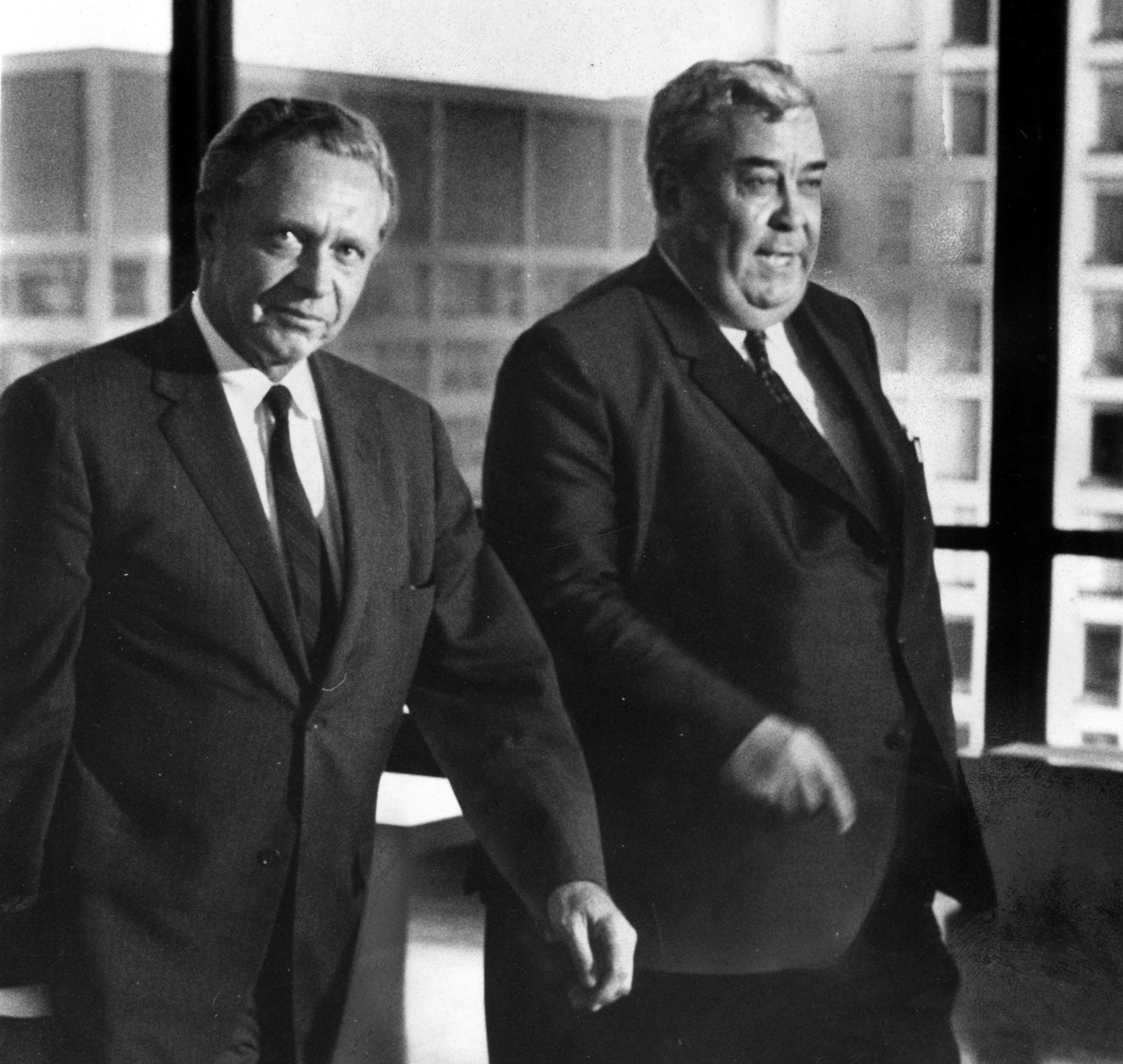 Chief Justice Roy Solfisburg, left, of the Illinois Supreme Court, arrives July 15, 1969 with attorney Lambert Oschsenschlager to testify at a special hearing to examine charges against two judges. (Michael Budrys/Chicago Tribune)