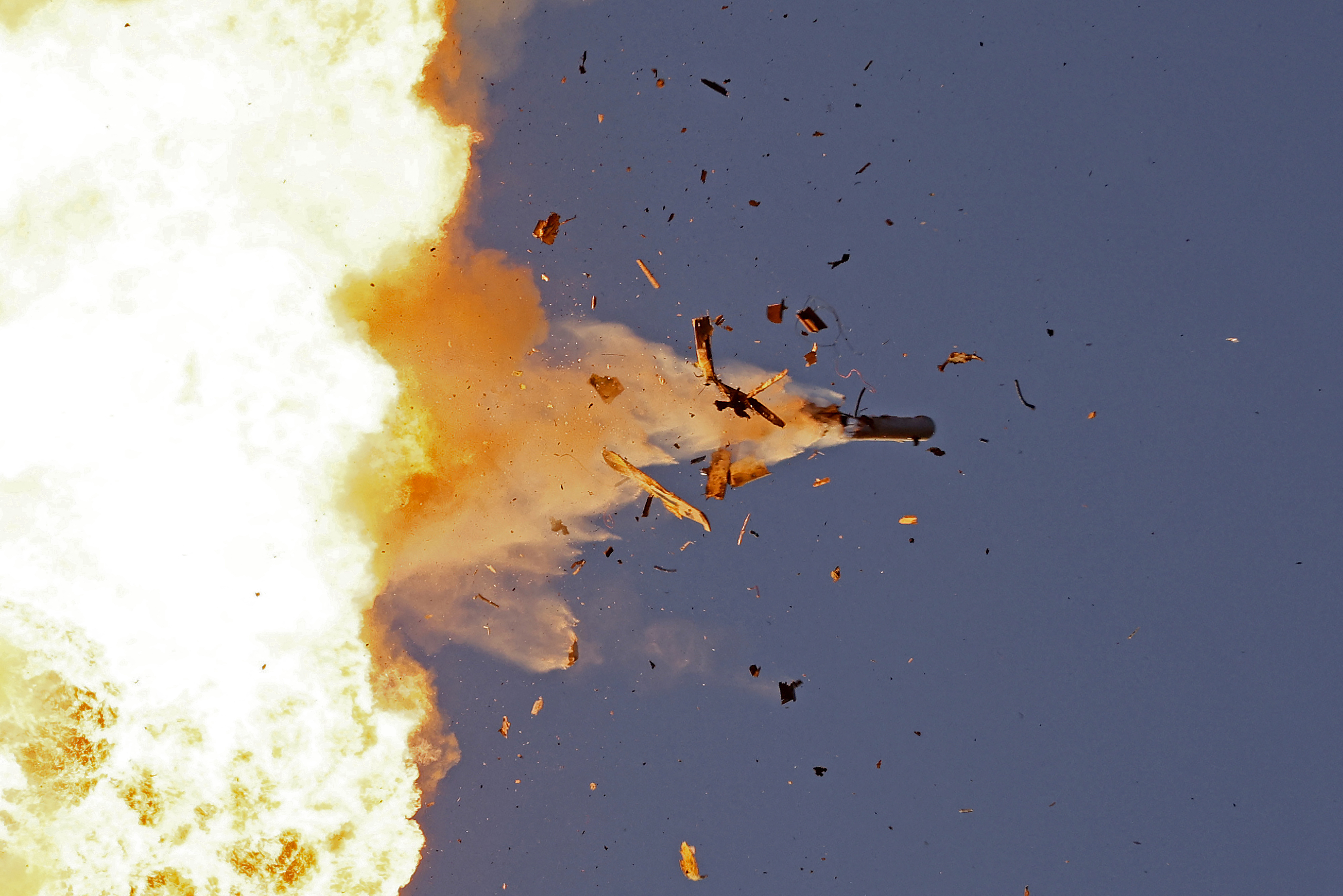 This photo taken from a position in northern Israel shows a Hezbollah UAV intercepted by Israeli air forces over north Israel on Aug. 25, 2024. The Israeli military announced that it was conducting pre-emptive strikes in Lebanon after detecting preparations for "large-scale" attacks by the Iran-backed militant group Hezbollah. Hezbollah said it had launched more than 320 rockets at Israel overnight, targeting a string of military positions, even as Israel's military said it was carrying out pre-emptive strikes against the group. (Jalaa Marey/Getty-AFP)