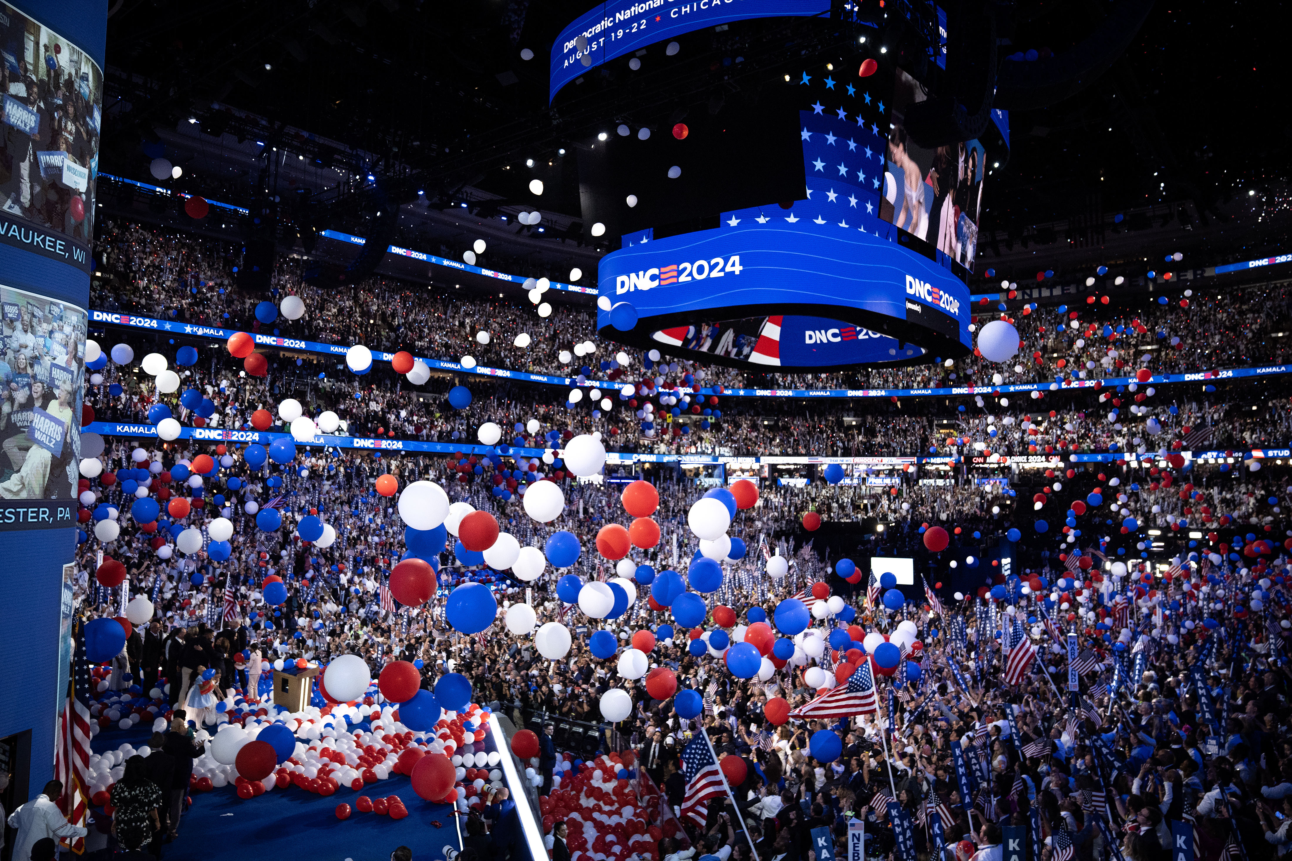 Balloons fall after Democratic presidential nominee Vice President Kamala Harris accepts the nomination at the conclusion of the Democratic National Convention at the United Center, Aug. 22, 2024. (E. Jason Wambsgans/Chicago Tribune)
