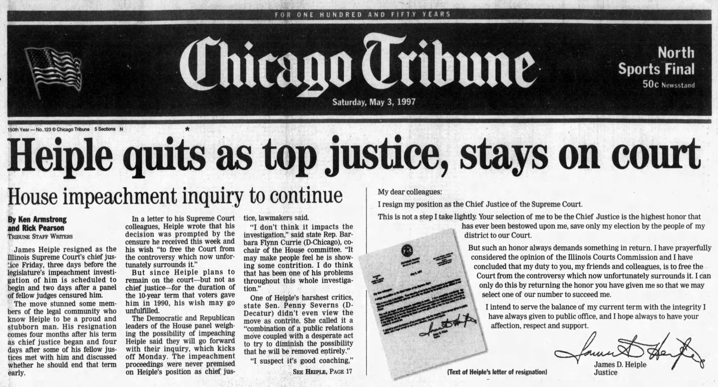 James Heiple resigned as Illinois Supreme Court's chief justice on May 2, 1997, two days after a panel of fellow judges censured him. But he remained on the court. (Chicago Tribune)