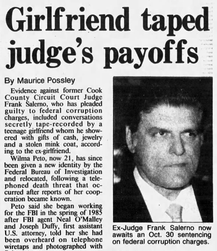 A girlfriend told federal investigators that former Cook County Circuit Court Judge Frank Salerno received envelopes stuffed with cash in exchange for fixing traffic tickets, drunken driving cases and city license violations. (Chicago Tribune)