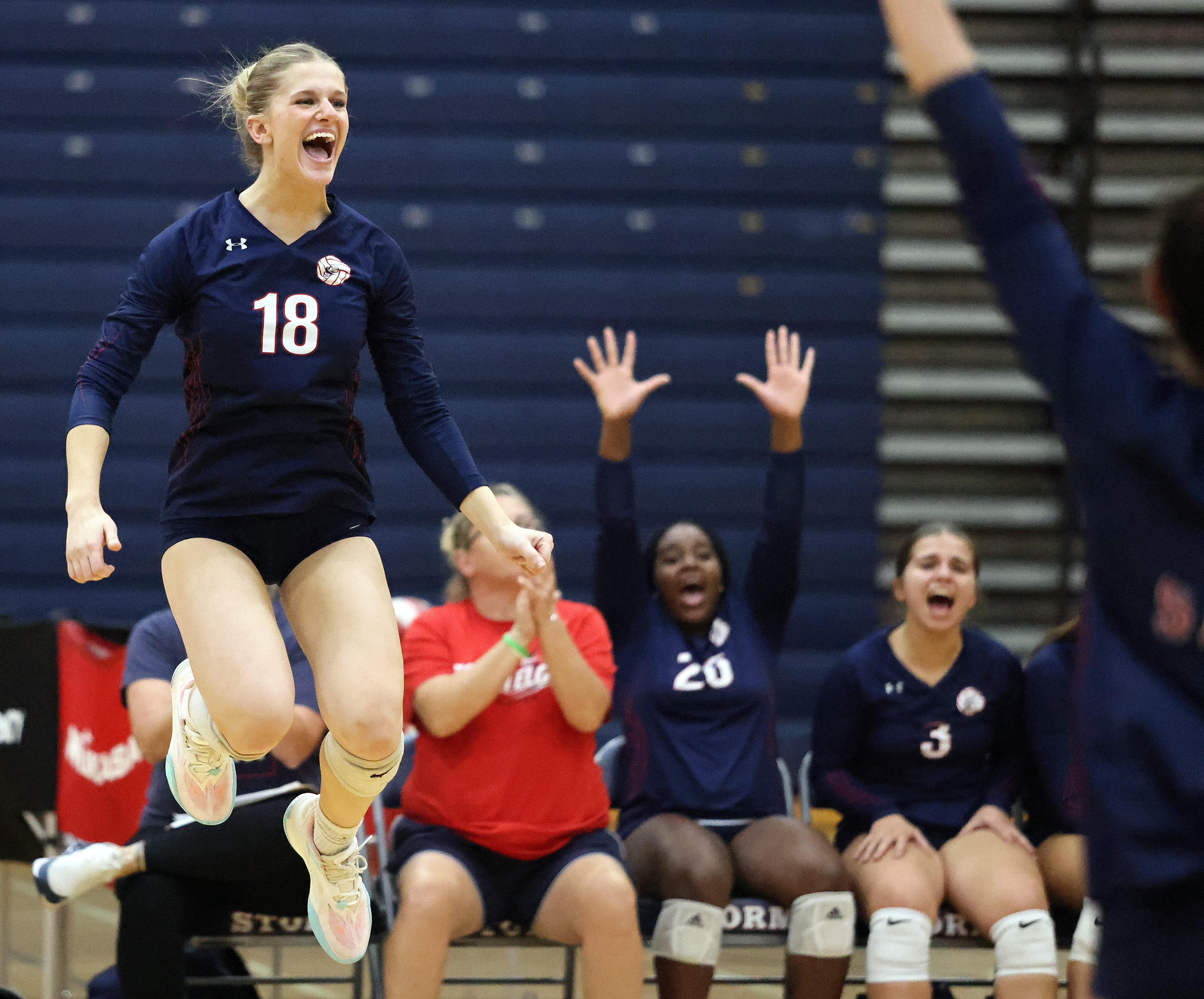 South Elgin's Jessa Pentecost (18)reacts to a score against Bartlett during a Upstate Eight Conference game on Tuesday, Sept. 17, 2024 in South Elgin. (H. Rick Bamman / The Beacon News)