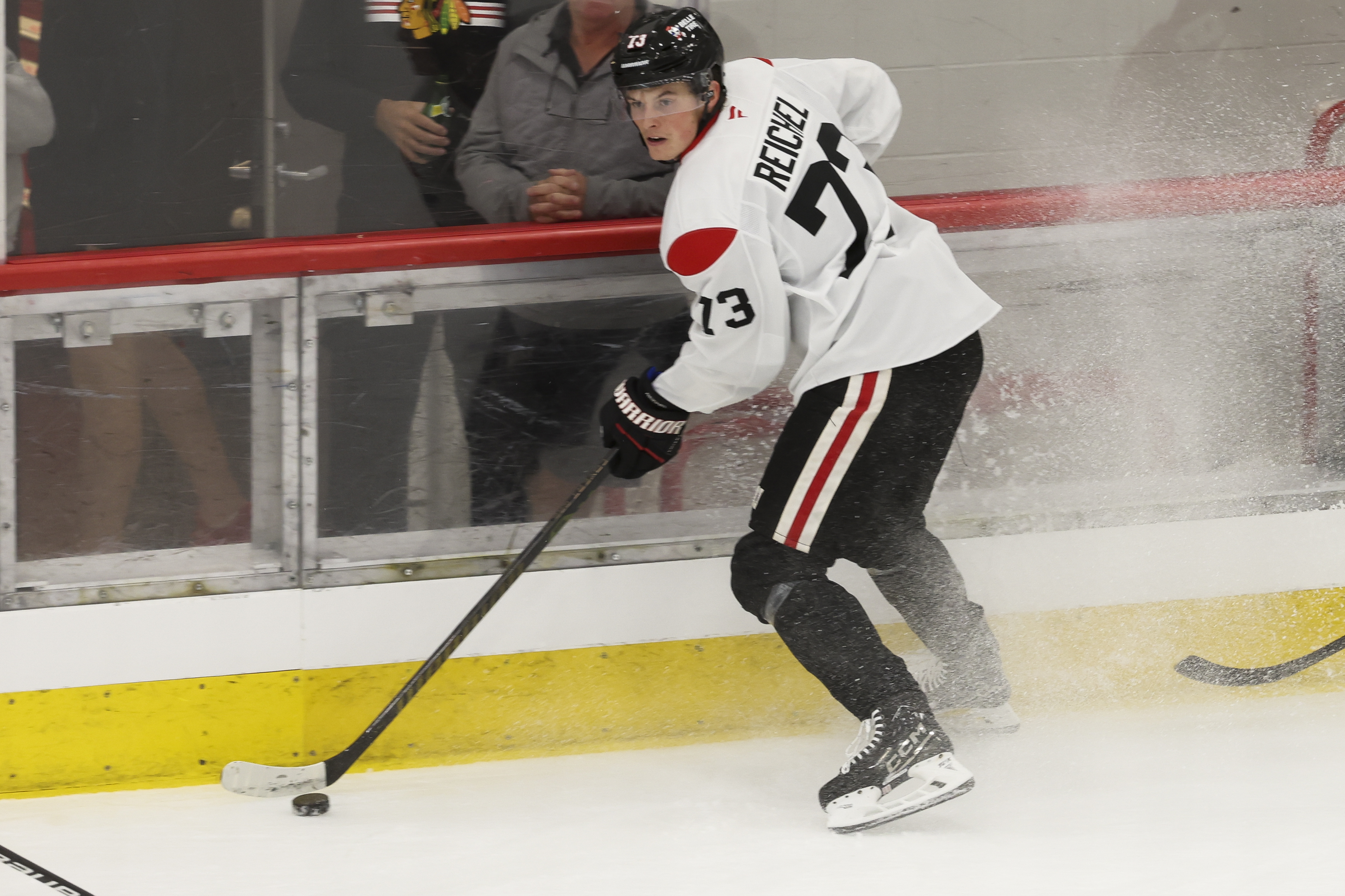 Chicago Blackhawks forward Lukas Reichel holds the puck during the first day of training camp at Fifth Third Arena on Thursday, Sept. 19, 2024. (Eileen T. Meslar/Chicago Tribune)