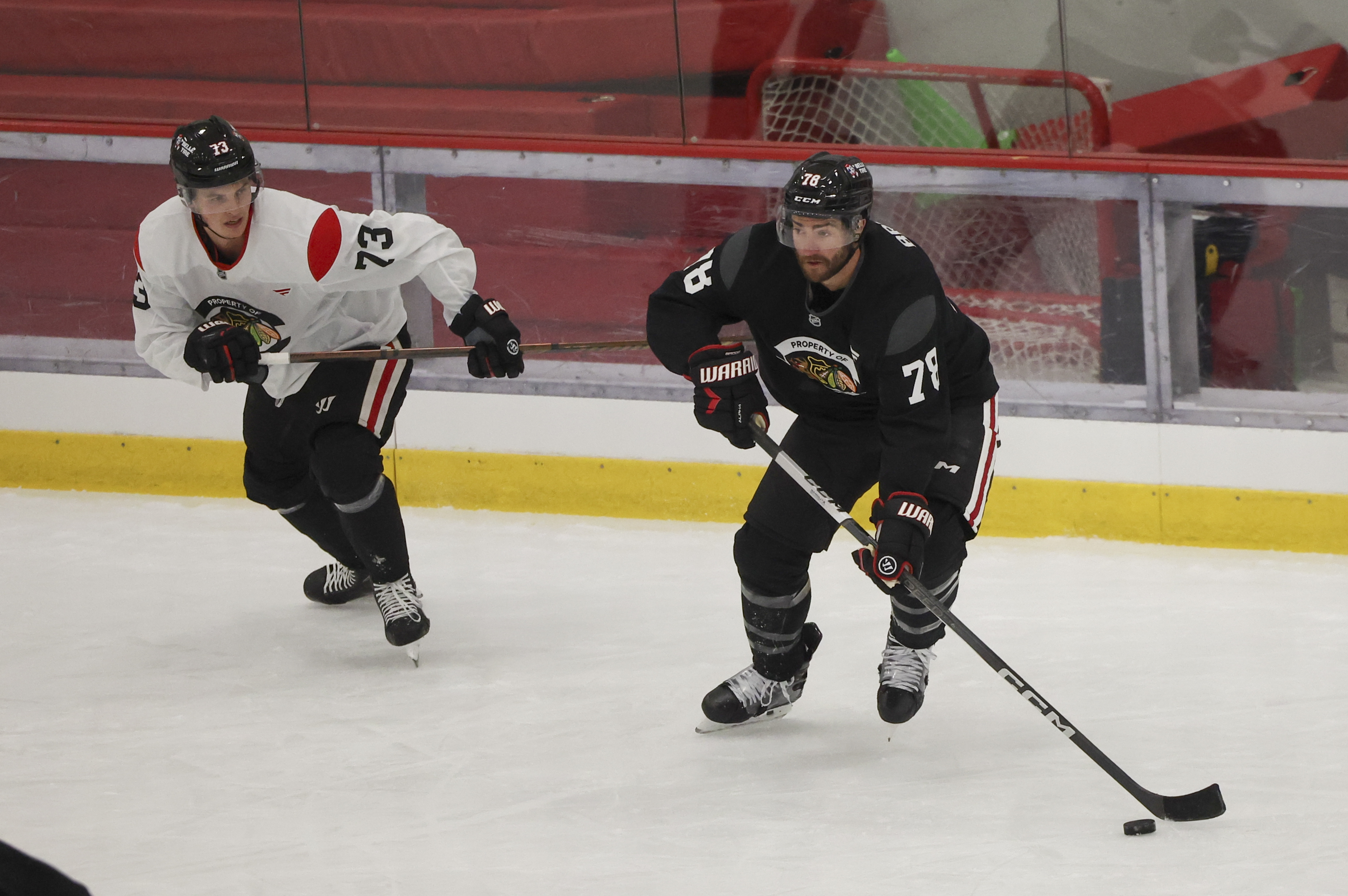 Chicago Blackhawks defenseman TJ Brodie (78) skates with the puck during the first day of training camp at Fifth Third Arena on Thursday, Sept. 19, 2024. (Eileen T. Meslar/Chicago Tribune)