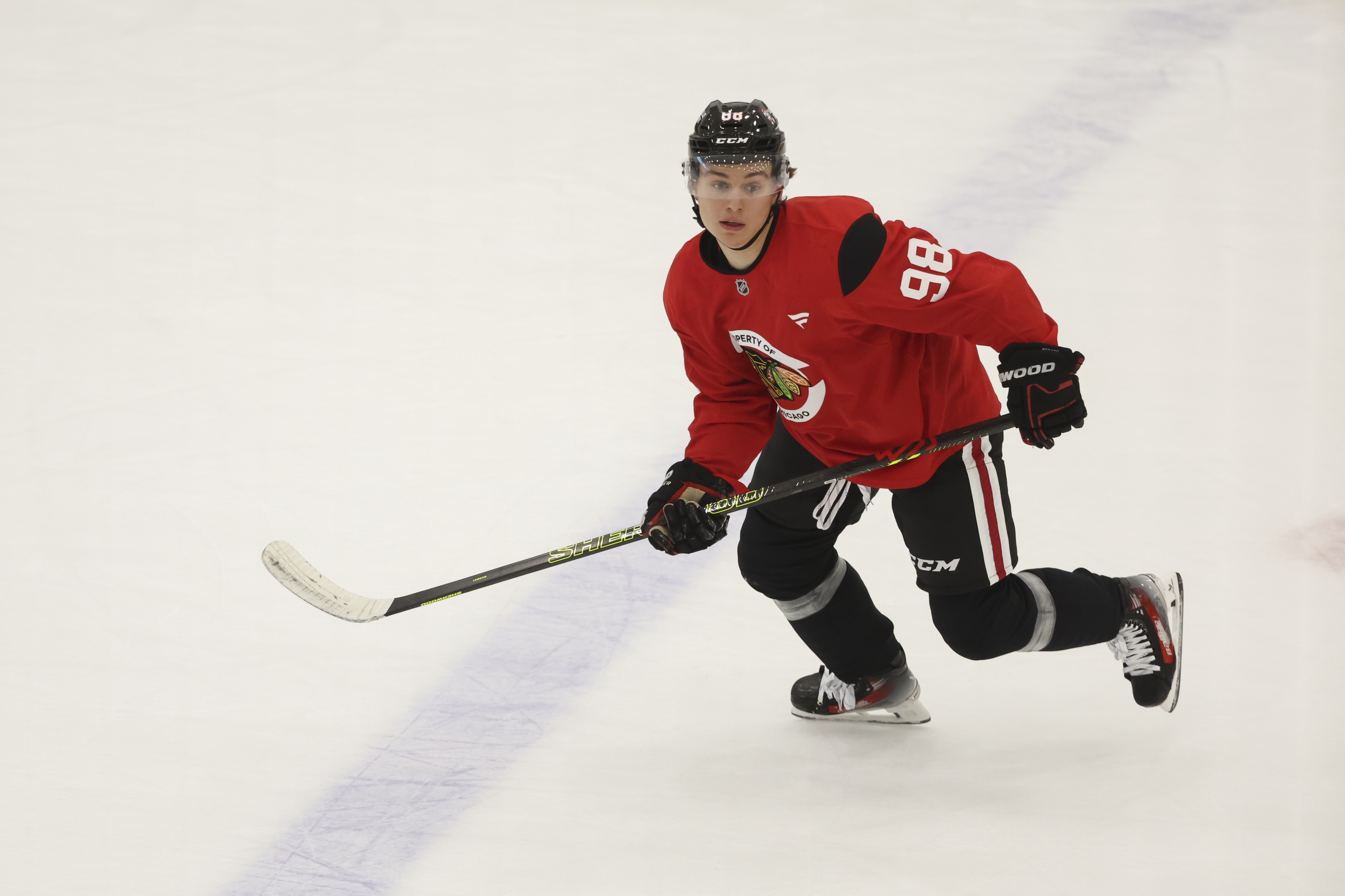 Chicago Blackhawks forward Connor Bedard skates up the ice during the first day of training camp at Fifth Third Arena on Thursday, Sept. 19, 2024. (Eileen T. Meslar/Chicago Tribune)