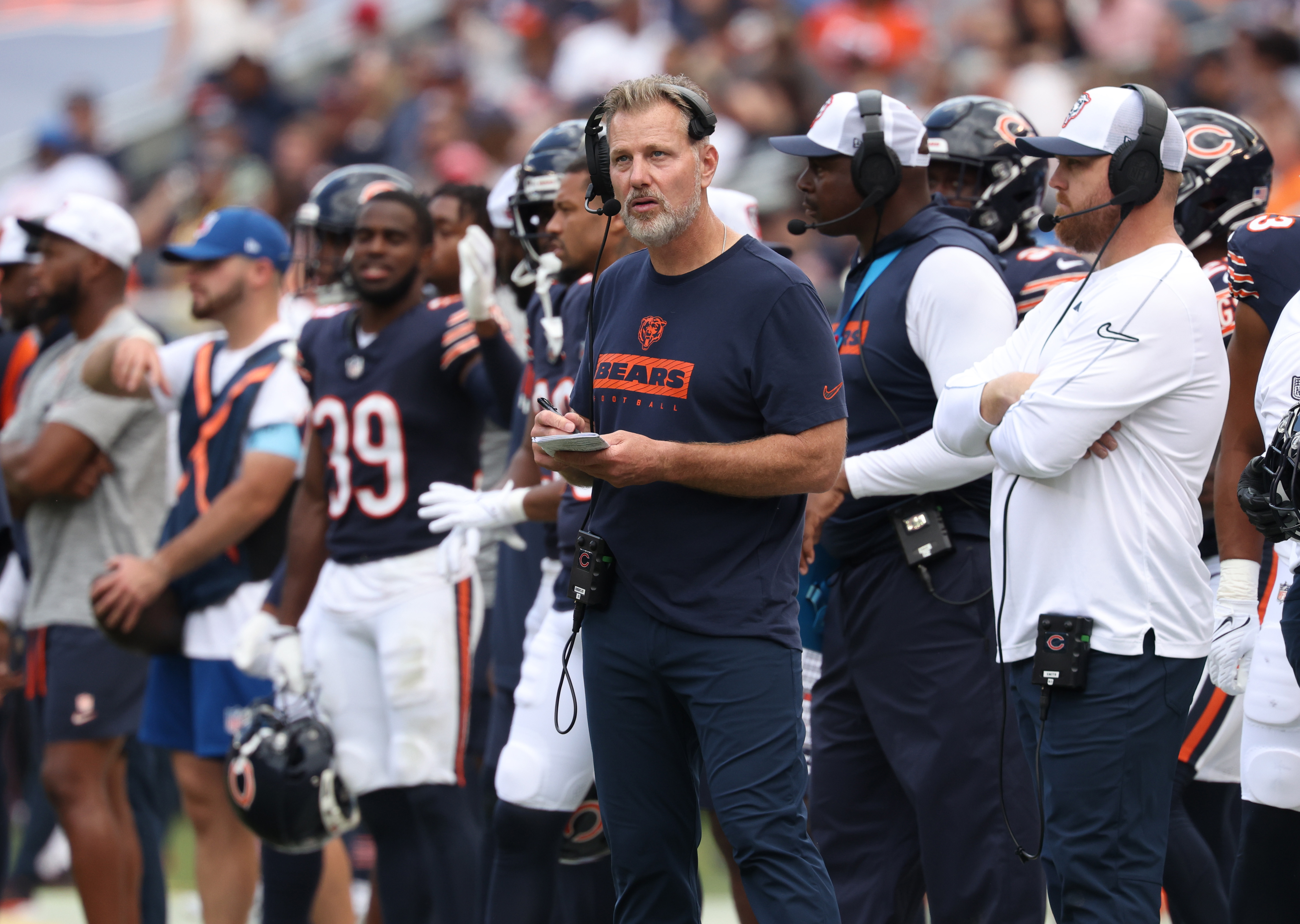 Bears coach Matt Eberflus works in the third quarter against the Bengals in a preseason game at Soldier Field on Aug. 17, 2024. (John J. Kim/Chicago Tribune)