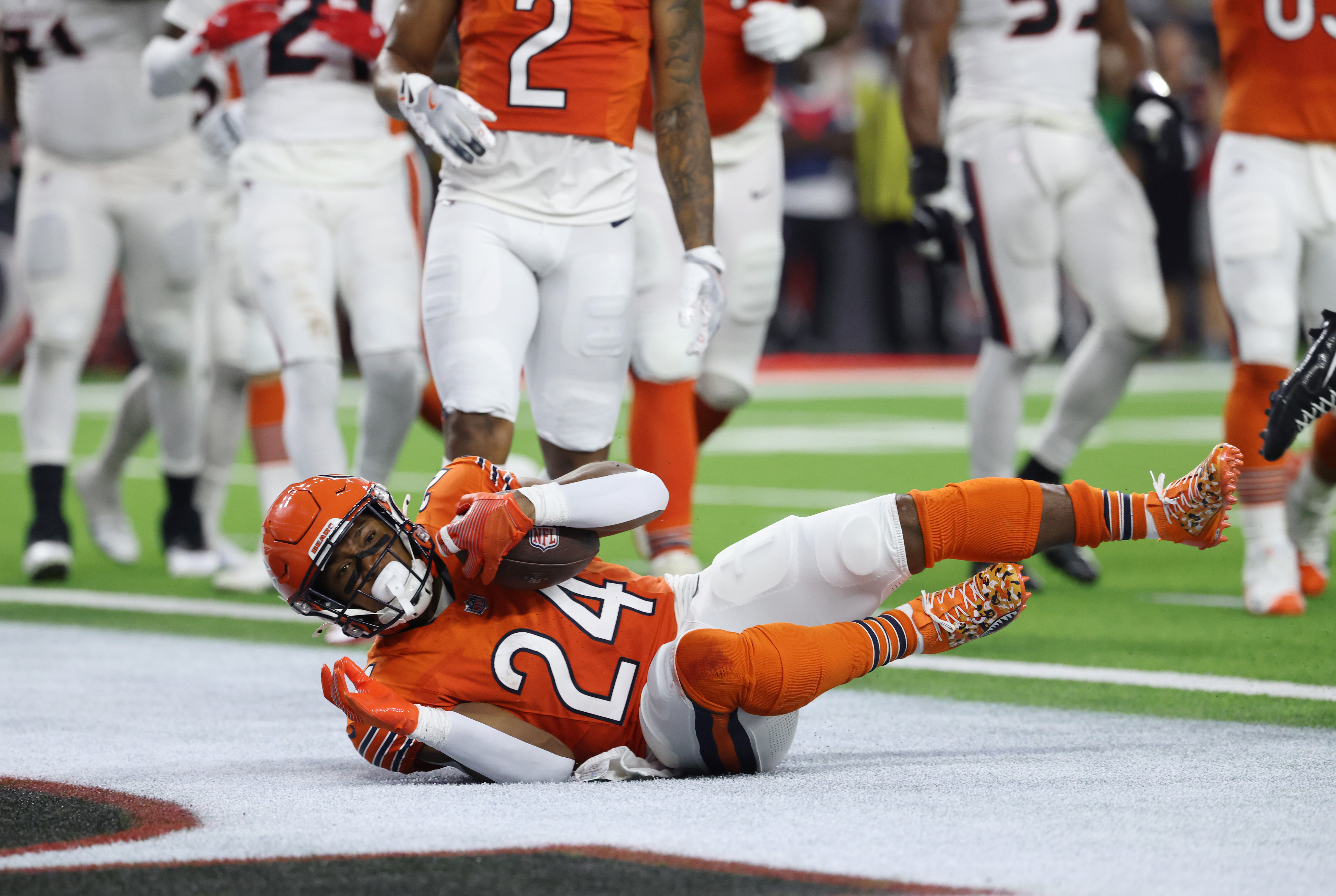 Bears running back Khalil Herbert (24) dives to the end zone for a touchdown in the second quarter against the Texans at NRG Stadium on Sept. 15, 2024, in Houston. (John J. Kim/Chicago Tribune)