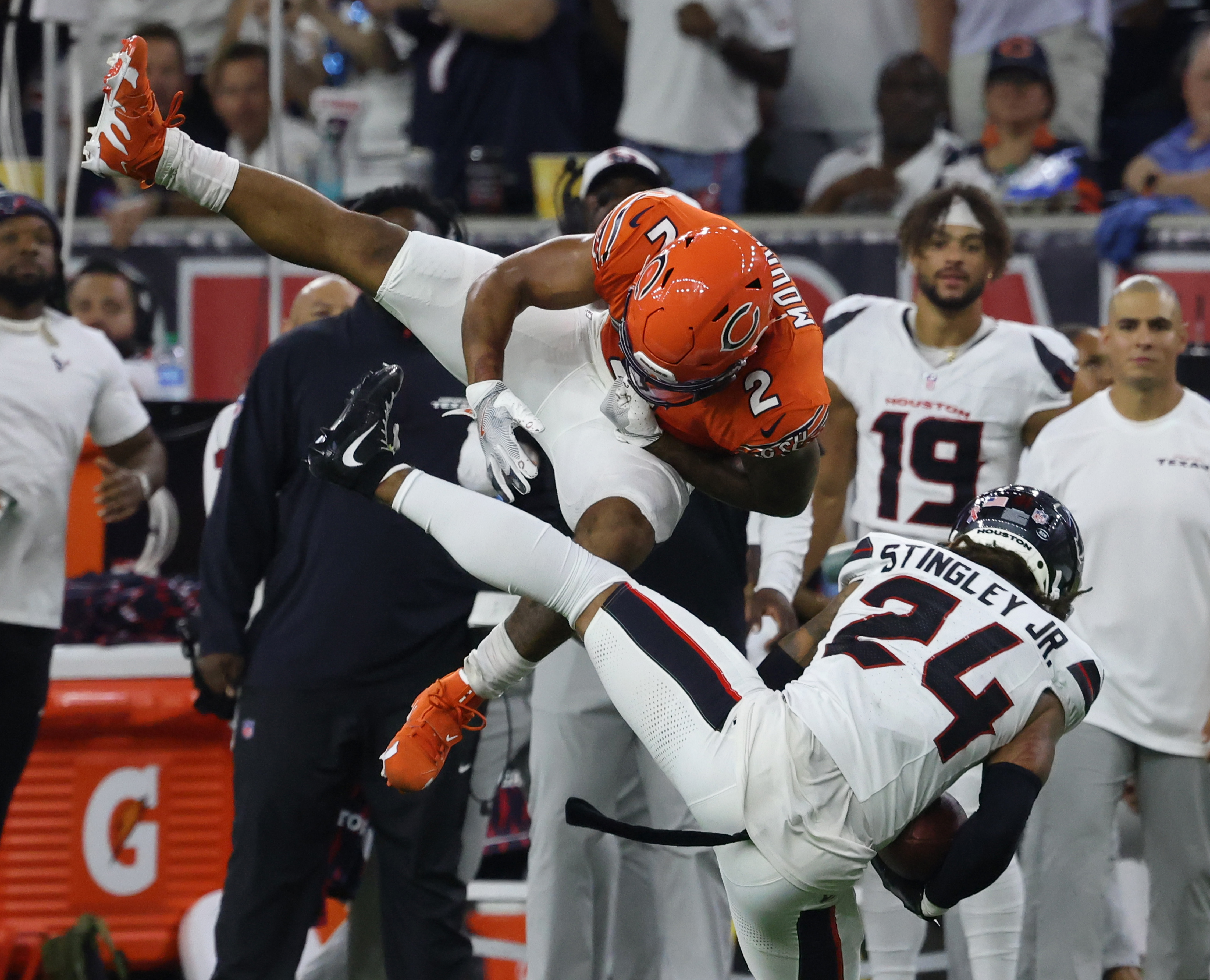 Texans cornerback Derek Stingley Jr. (24) intercepts a pass intended for Bears wide receiver DJ Moore (2) in the third quarter at NRG Stadium on Sept. 15, 2024, in Houston. (John J. Kim/Chicago Tribune)