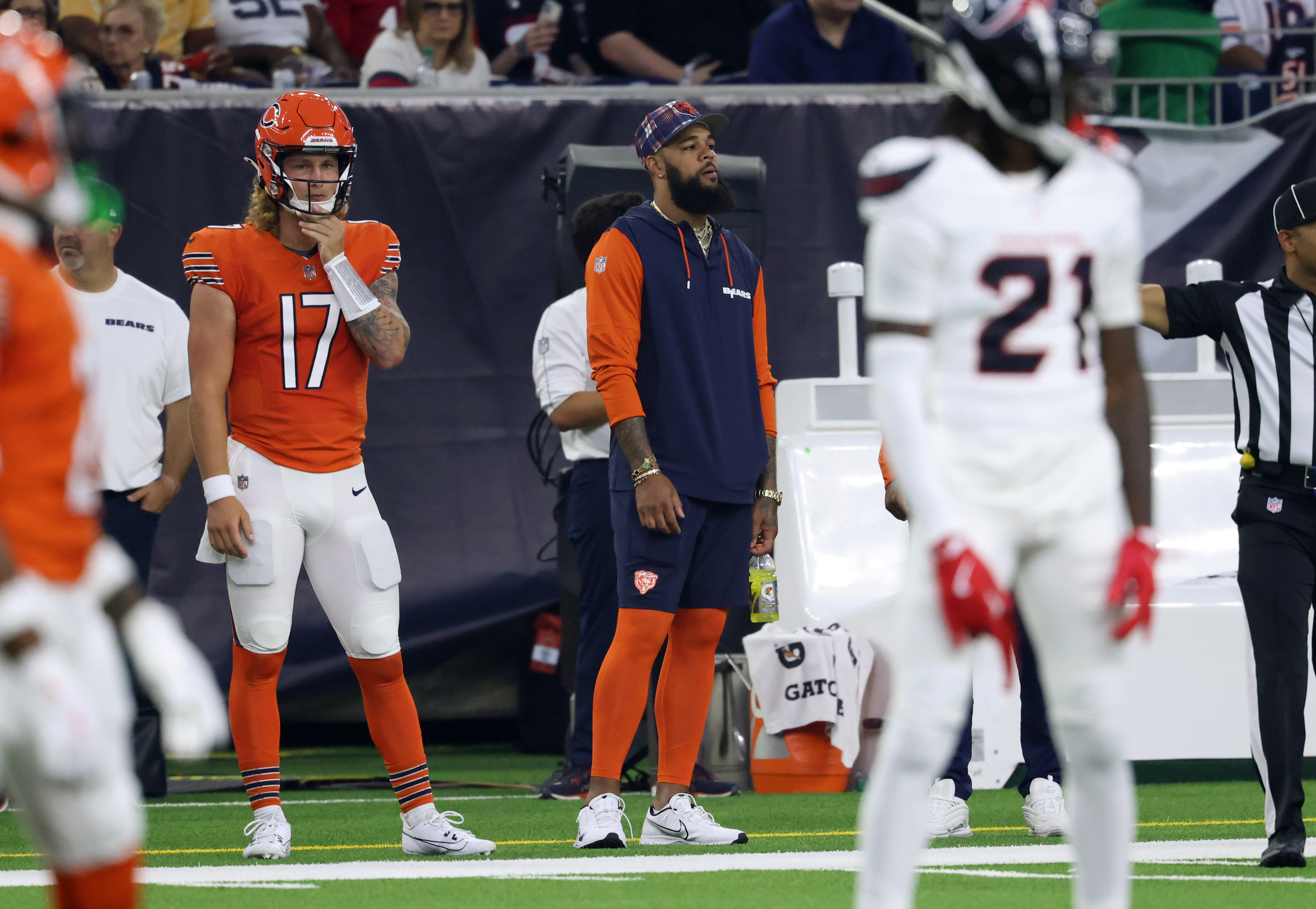 Bears wide receiver Keenan Allen watches the first quarter against the Texans from the sideline at NRG Stadium on Sept. 15, 2024, in Houston. (John J. Kim/Chicago Tribune)