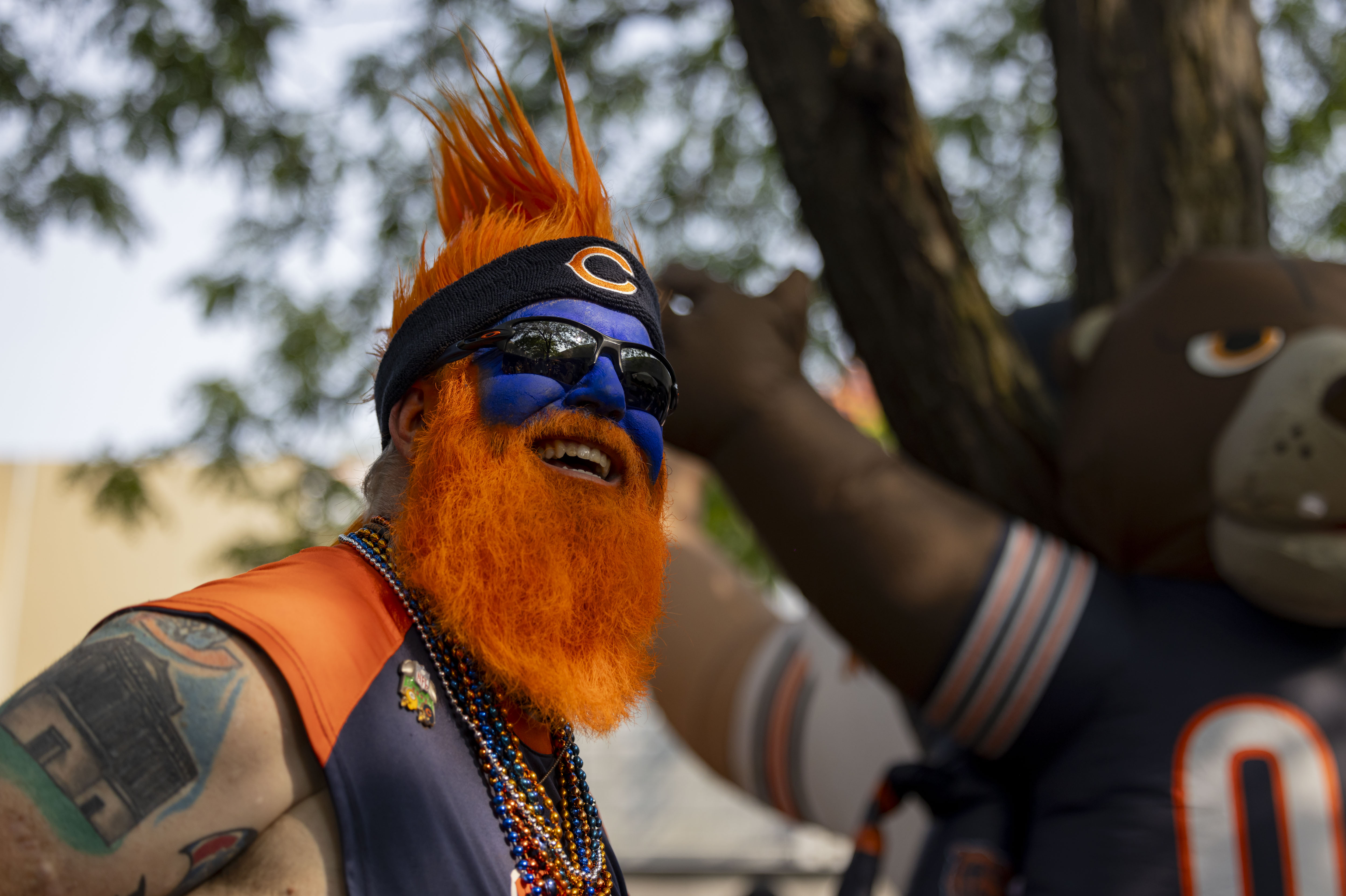 Chicago Bears fan Michael Dibartolomeo tailgates in his full game face before his team plays against the Tennessee Titans in the season opener on Sunday, Sept. 8, 2024, at Soldier Field. (Brian Cassella/Chicago Tribune)