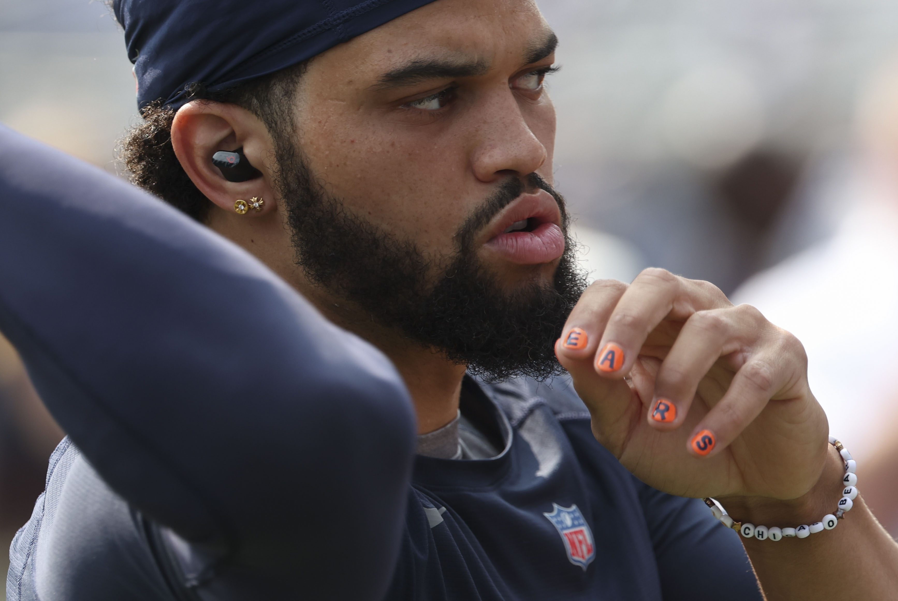 Chicago Bears quarterback Caleb Williams, 18, warms up to face the Tennessee Titans on Sunday, Sept. 8, 2024, at Soldier Field. (Brian Cassella/Chicago Tribune)