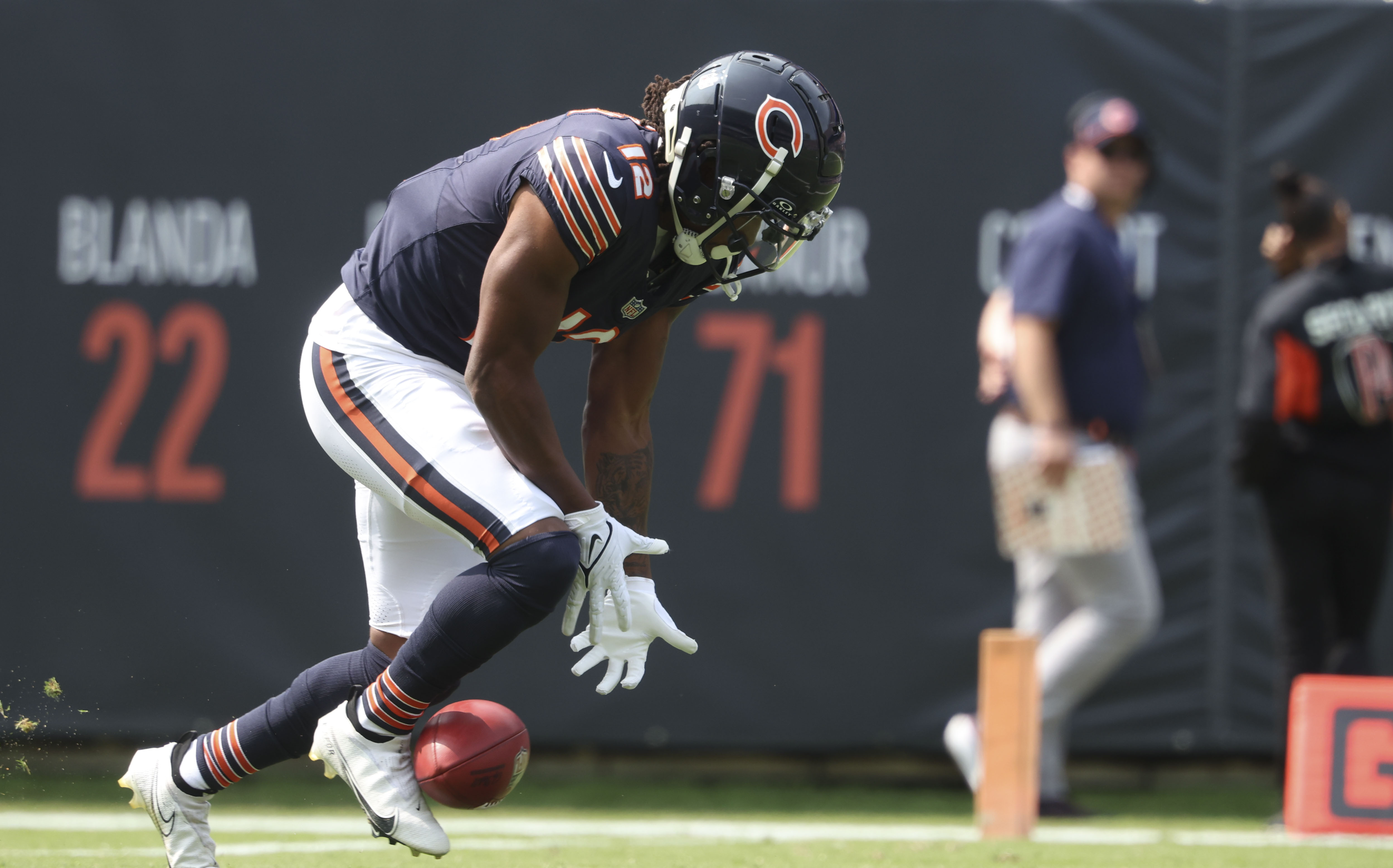 Chicago Bears receiver Velus Jones Jr., 12, fumbles a kickoff return that the Tennessee Titans recovered in the first quarter on Sunday at Soldier Field. (Brian Cassella/Chicago Tribune)