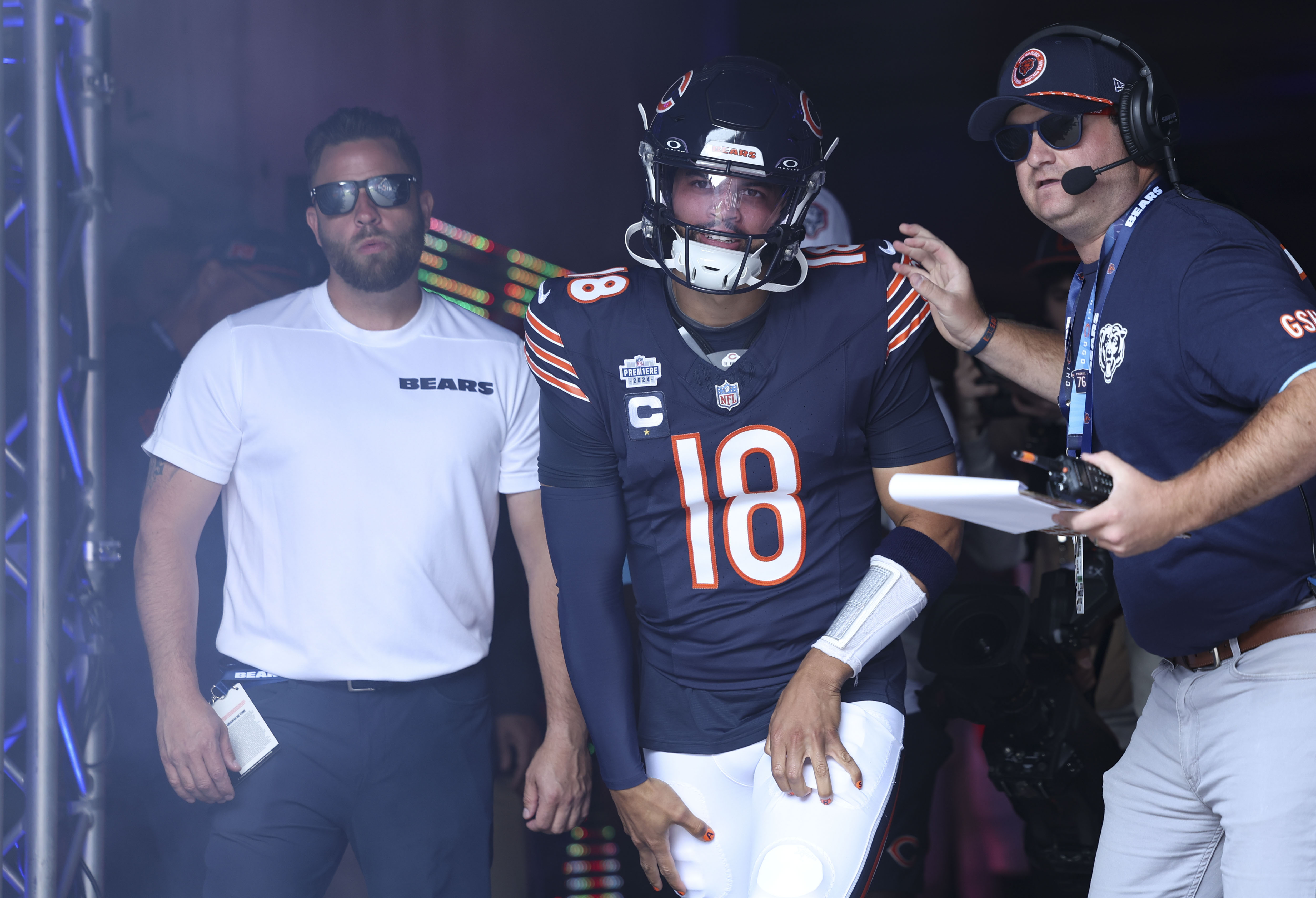 Chicago Bears quarterback Caleb Williams takes the field to face the Tennessee Titans on Sunday, Sept. 8, 2024, at Soldier Field. (Brian Cassella/Chicago Tribune)