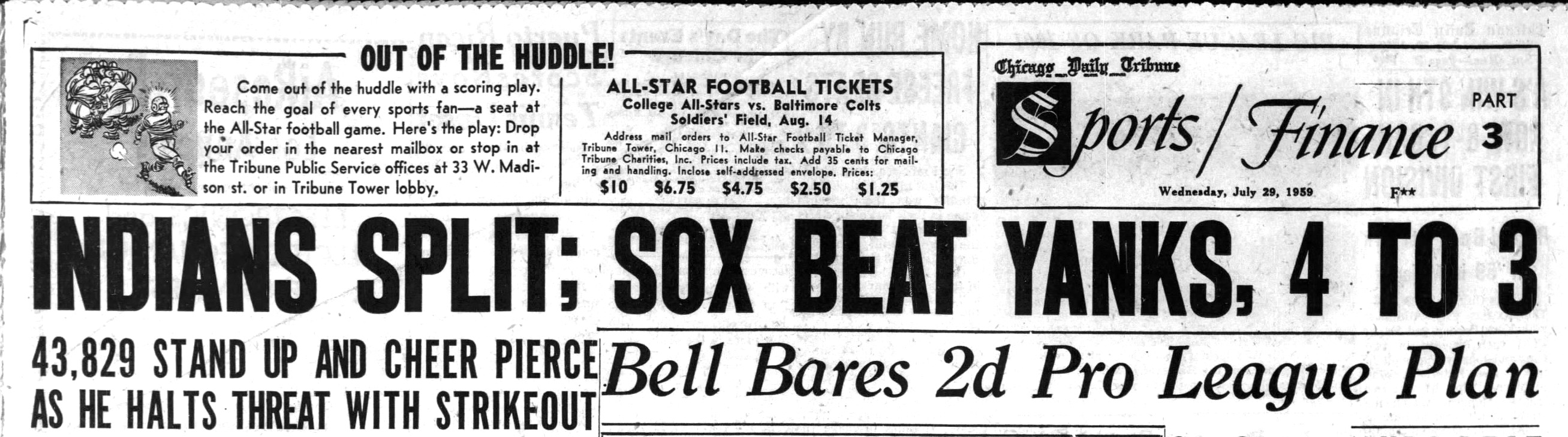 More than 43,000 fans "the largest Chicago baseball crowd in more than two years," the Tribune reported watched the Chicago White Sox beat the New York Yankees 4-3 at Comiskey Park on July 28, 1959. (Chicago Tribune)