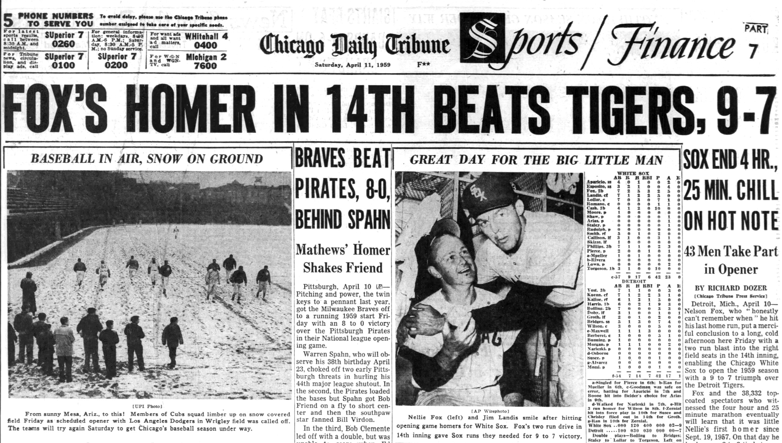 Nelson Fox who "honestly can't remember when" he hit his last home run, helped the Chicago White Sox defeat the Detroit Tigers 9-7 during the Sox's first game of the 1959 season. The game lasted 14 innings. (Chicago Tribune)