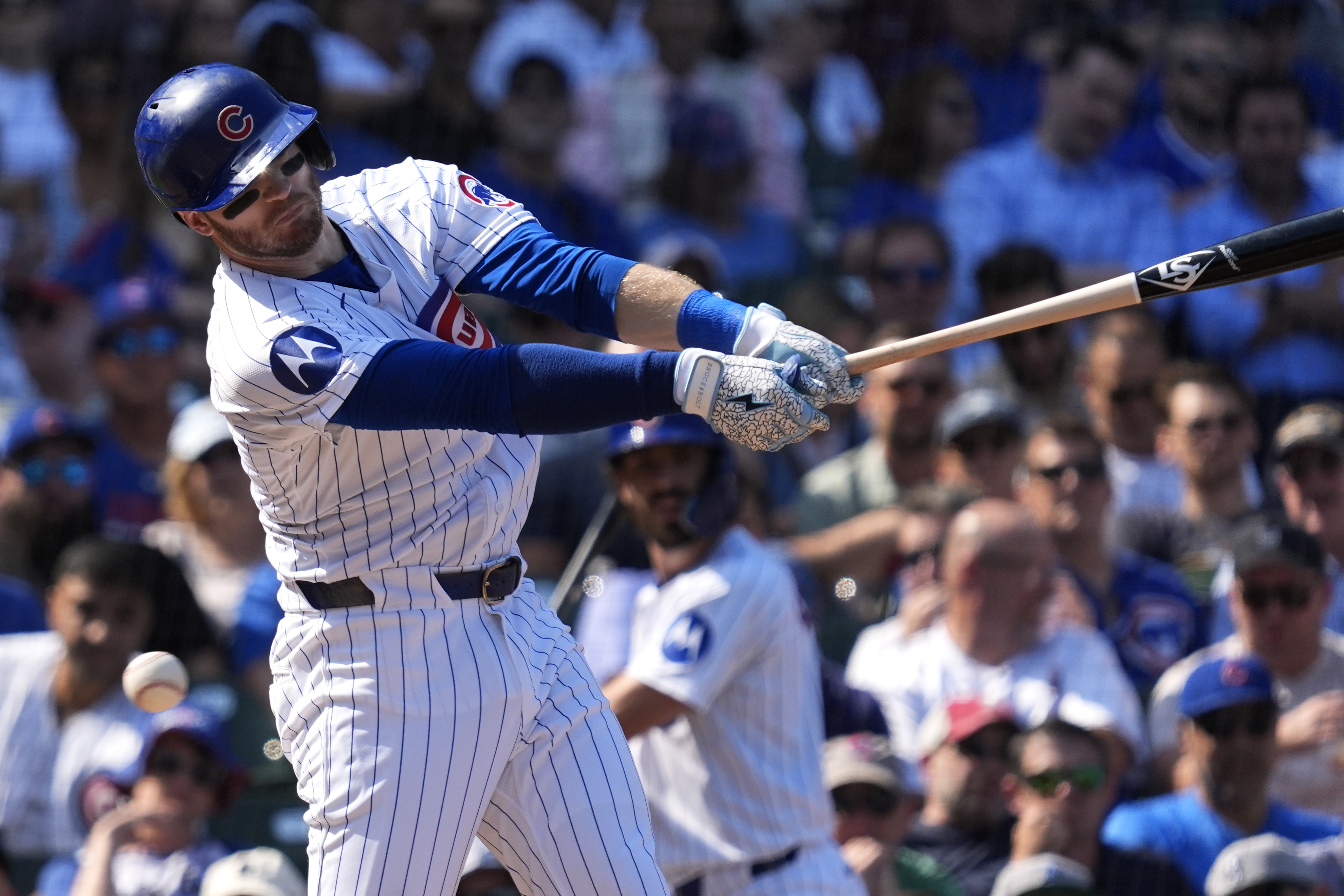 The Cubs' Ian Happ strikes out swinging during the third inning Wednesday, Sept. 18, 2024, at Wrigley Field. (AP Photo/Nam Y. Huh)