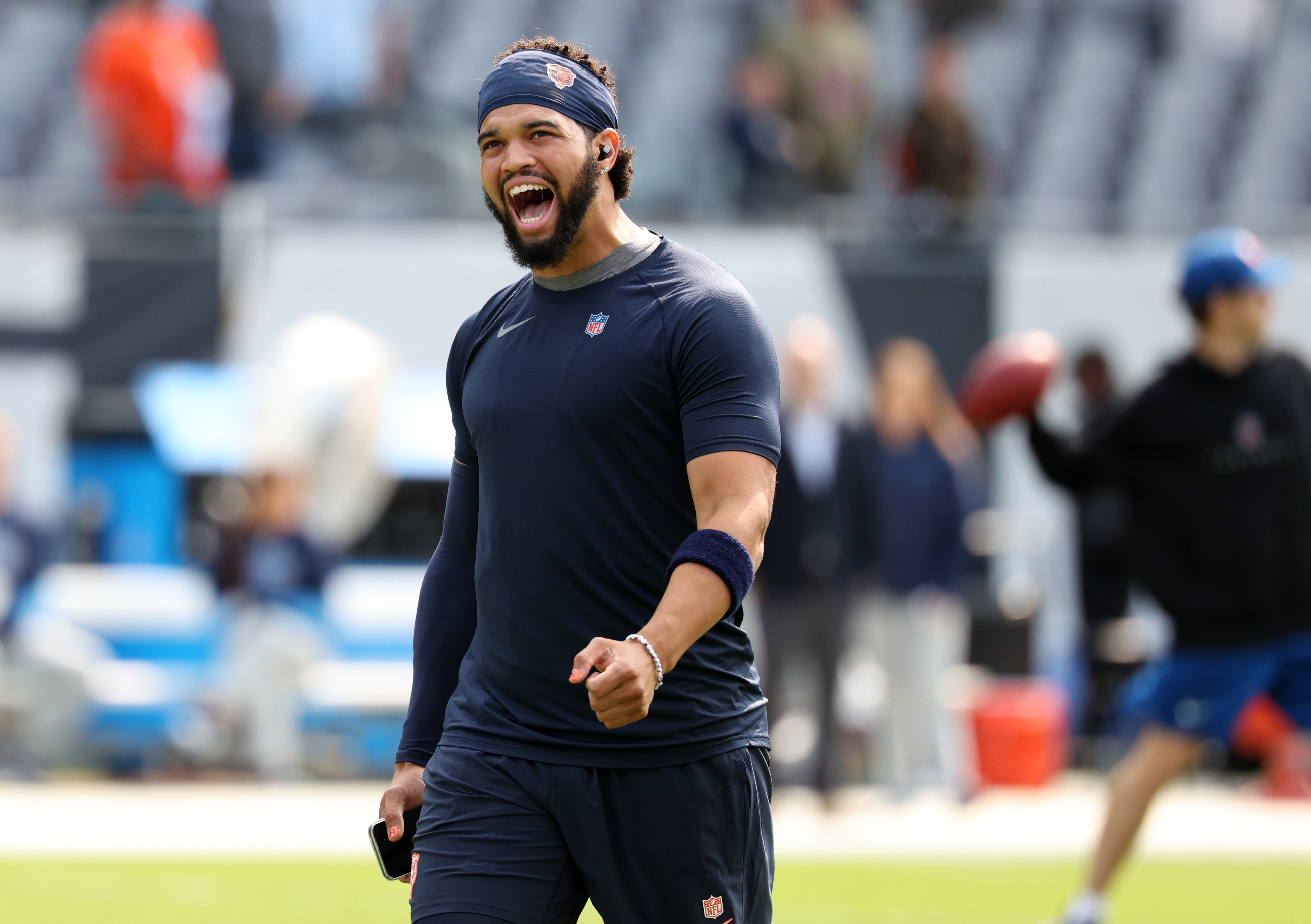 Chicago Bears quarterback Caleb Williams, 18, screams as he finishes up his warm up for the season opener against the Tennessee Titans at Soldier Field in Chicago on Sept. 8, 2024. (Chris Sweda/Chicago Tribune)