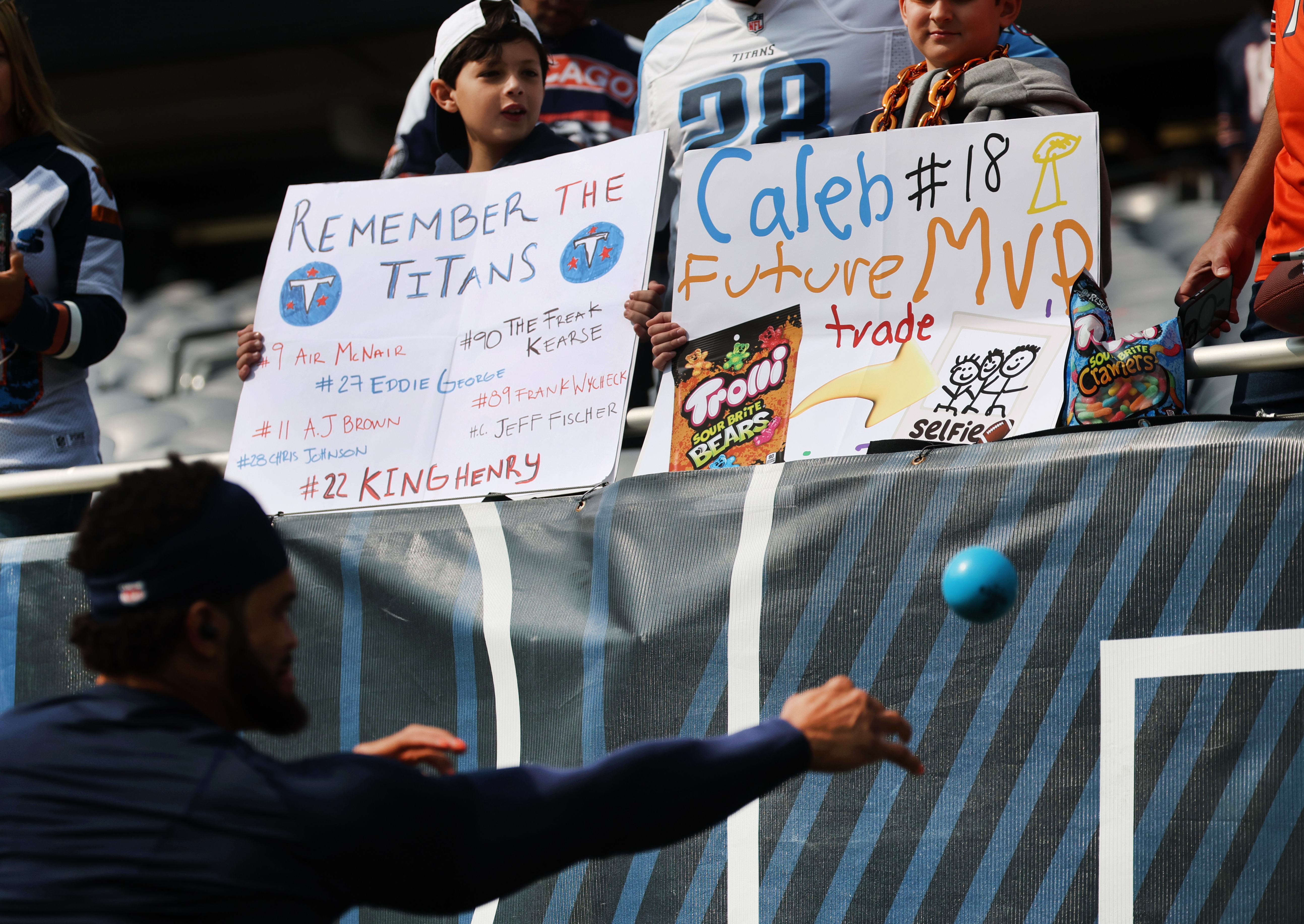 Fans watch as Chicago Bears quarterback Caleb Williams warms up for the season opener against the Tennessee Titans at Soldier Field in Chicago on Sept. 8, 2024. (Chris Sweda/Chicago Tribune)