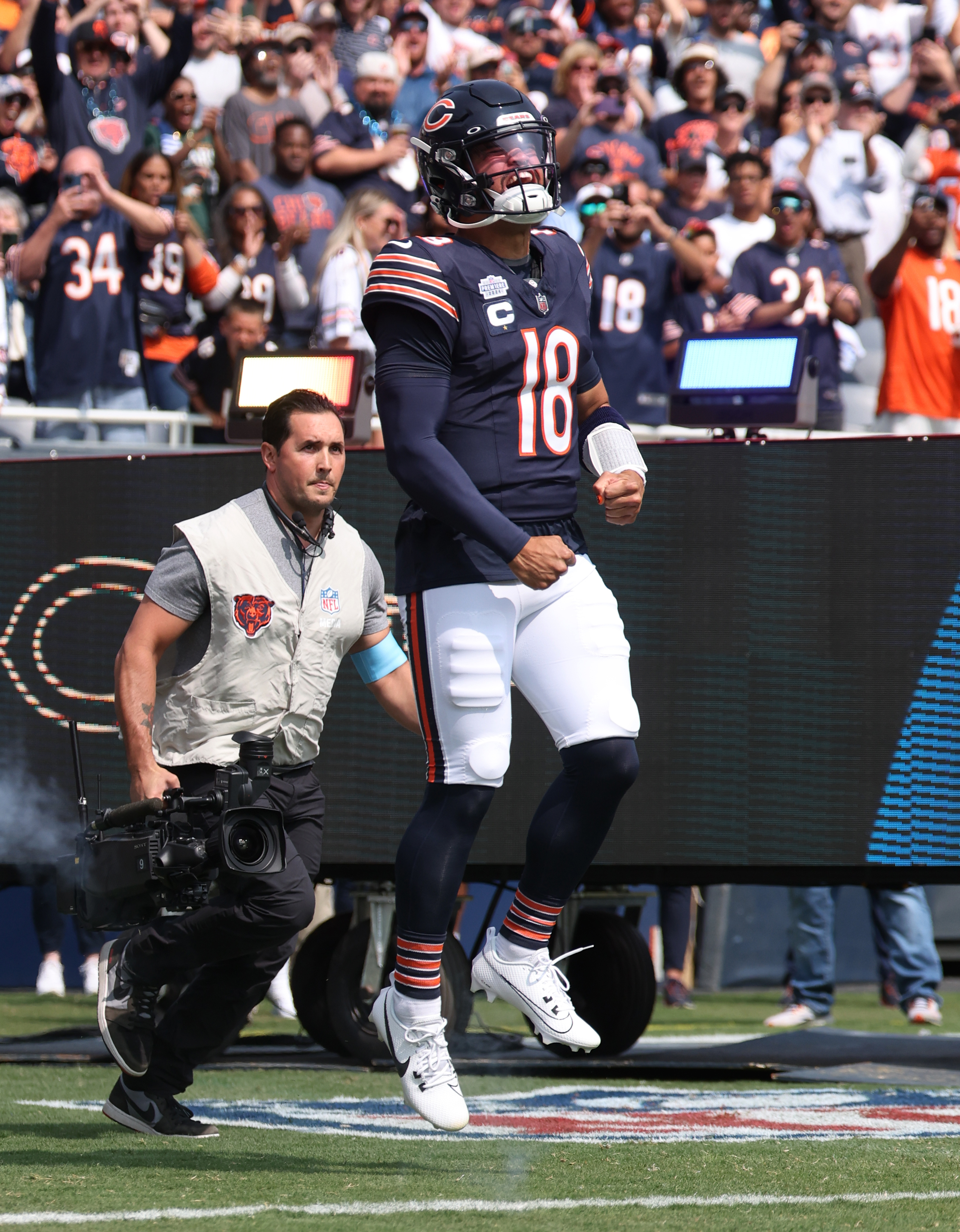 Chicago Bears quarterback Caleb Williams is announced with the starting lineup before the season opener against the Tennessee Titans at Soldier Field. (Chris Sweda/Chicago Tribune)