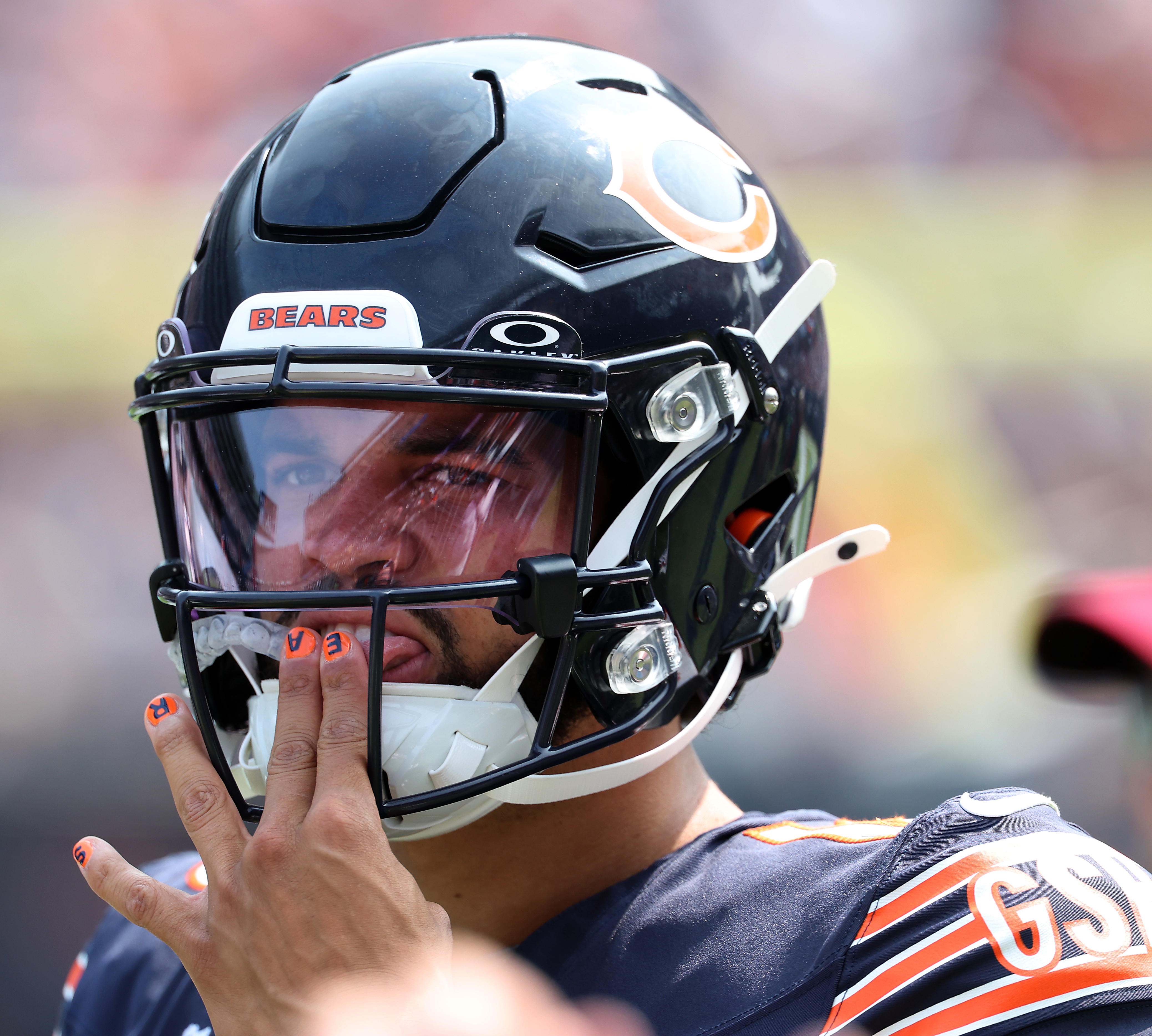 Chicago Bears quarterback Caleb Williams prepares on the sideline in the first quarter of a game against the Tennessee Titans at Soldier Field on Sept. 8, 2024. (Chris Sweda/Chicago Tribune)