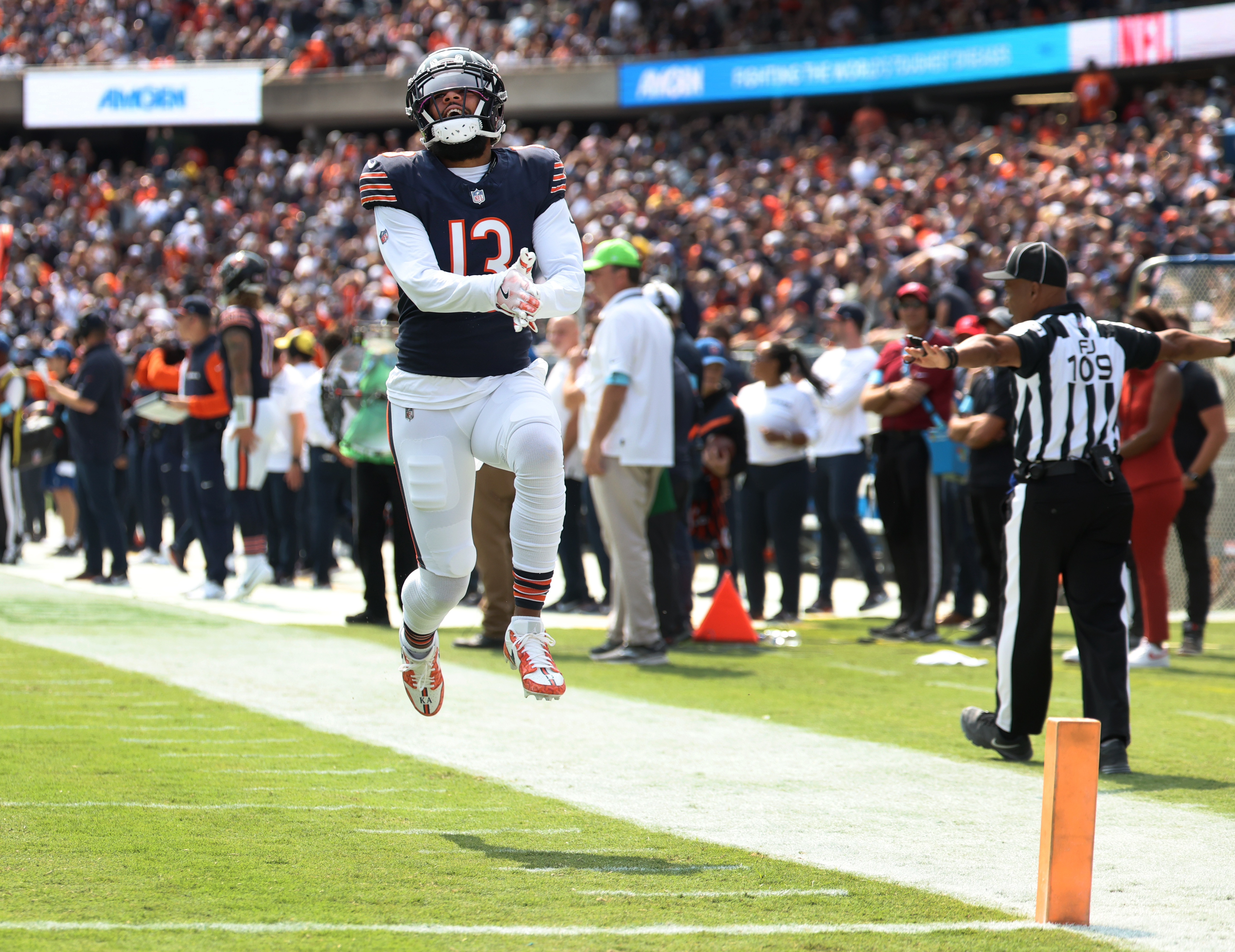 Chicago Bears wide receiver Keenan Allen (13) reacts after a ball was overthrown to him in the first quarter of a game against the Tennessee Titans at Soldier Field in Chicago on Sept. 8, 2024. (Chris Sweda/Chicago Tribune)