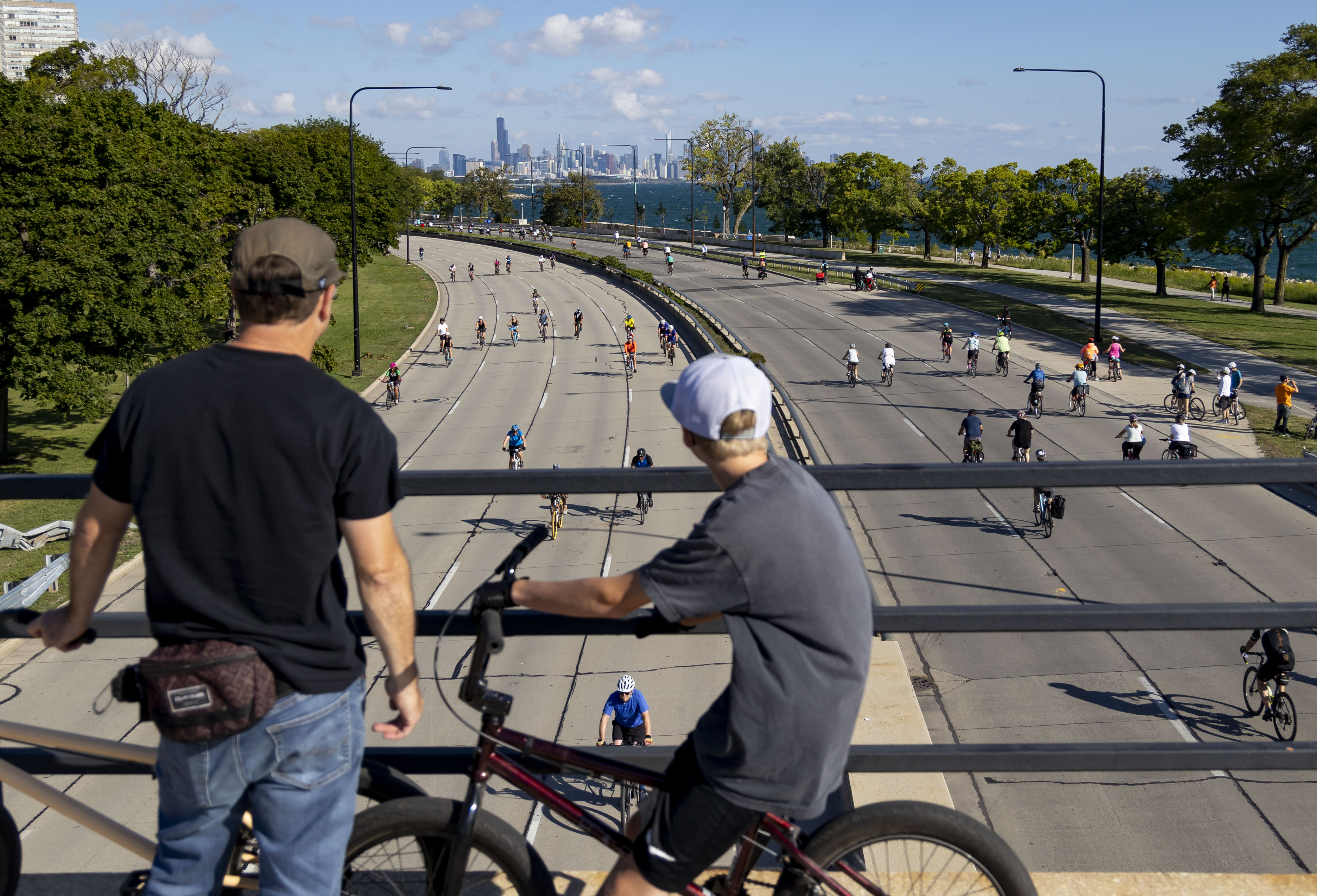 Participants ride on South DuSable Lake Shore Drive on Sept. 1, 2024, during the annual Bike the Drive event by the Active Transportation Alliance. (Brian Cassella/Chicago Tribune)