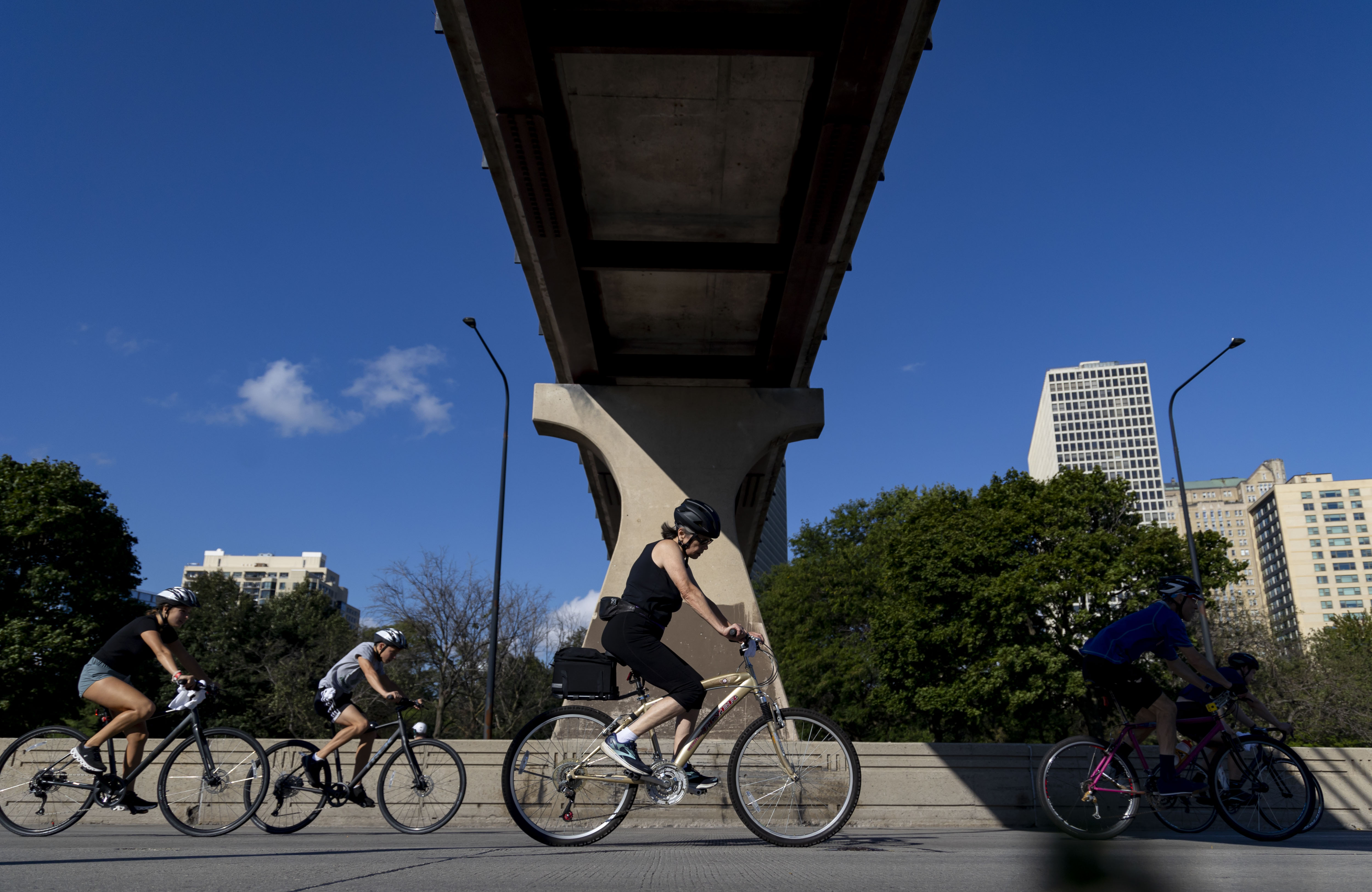 Participants ride on South DuSable Lake Shore Drive on Sept. 1, 2024, during the annual Bike the Drive event by the Active Transportation Alliance. (Brian Cassella/Chicago Tribune)