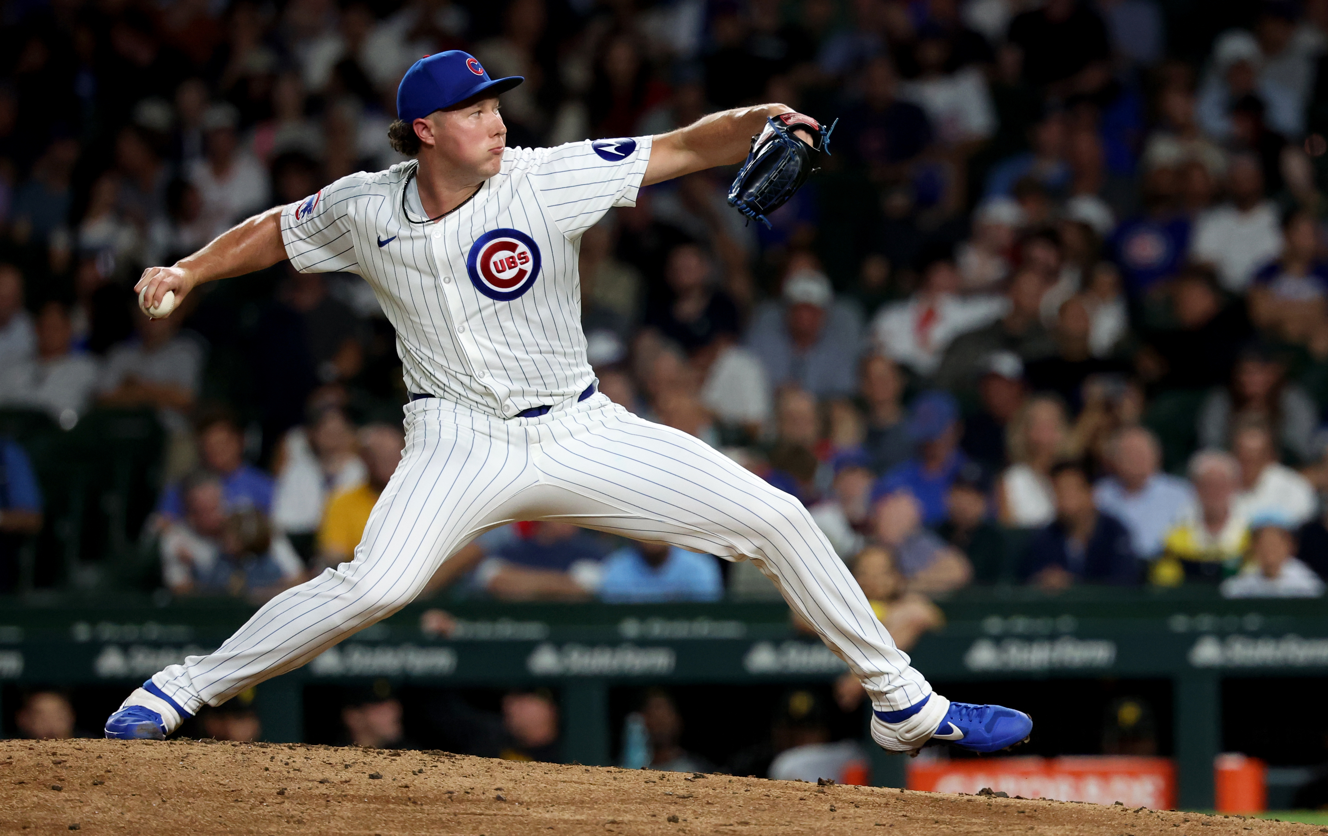 Chicago Cubs relief pitcher Nate Pearson (56) delivers to the Pittsburgh Pirates in the 8th inning of a game at Wrigley Field in Chicago on Sept. 4, 2024. (Chris Sweda/Chicago Tribune)