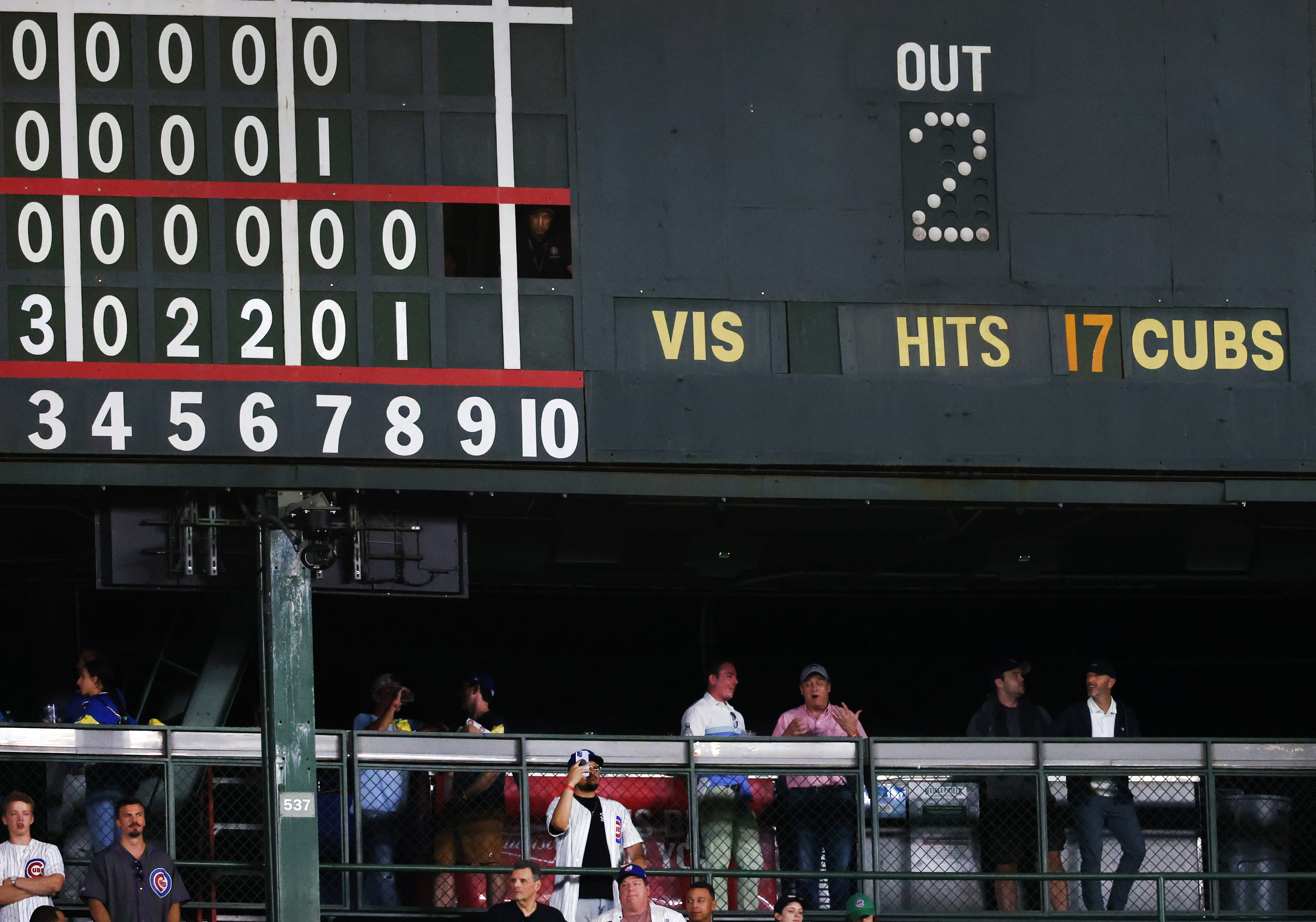 The scoreboard shows no hits and no runs for the Pittsburgh Pirates in the ninth inning of a game against the Chicago Cubs at Wrigley Field in Chicago on Sept. 4, 2024. Cubs starting pitcher Shota Imanaga, and relievers Nate Pearson and Porter Hodge, combined to no-hit the Pirates. (Chris Sweda/Chicago Tribune)