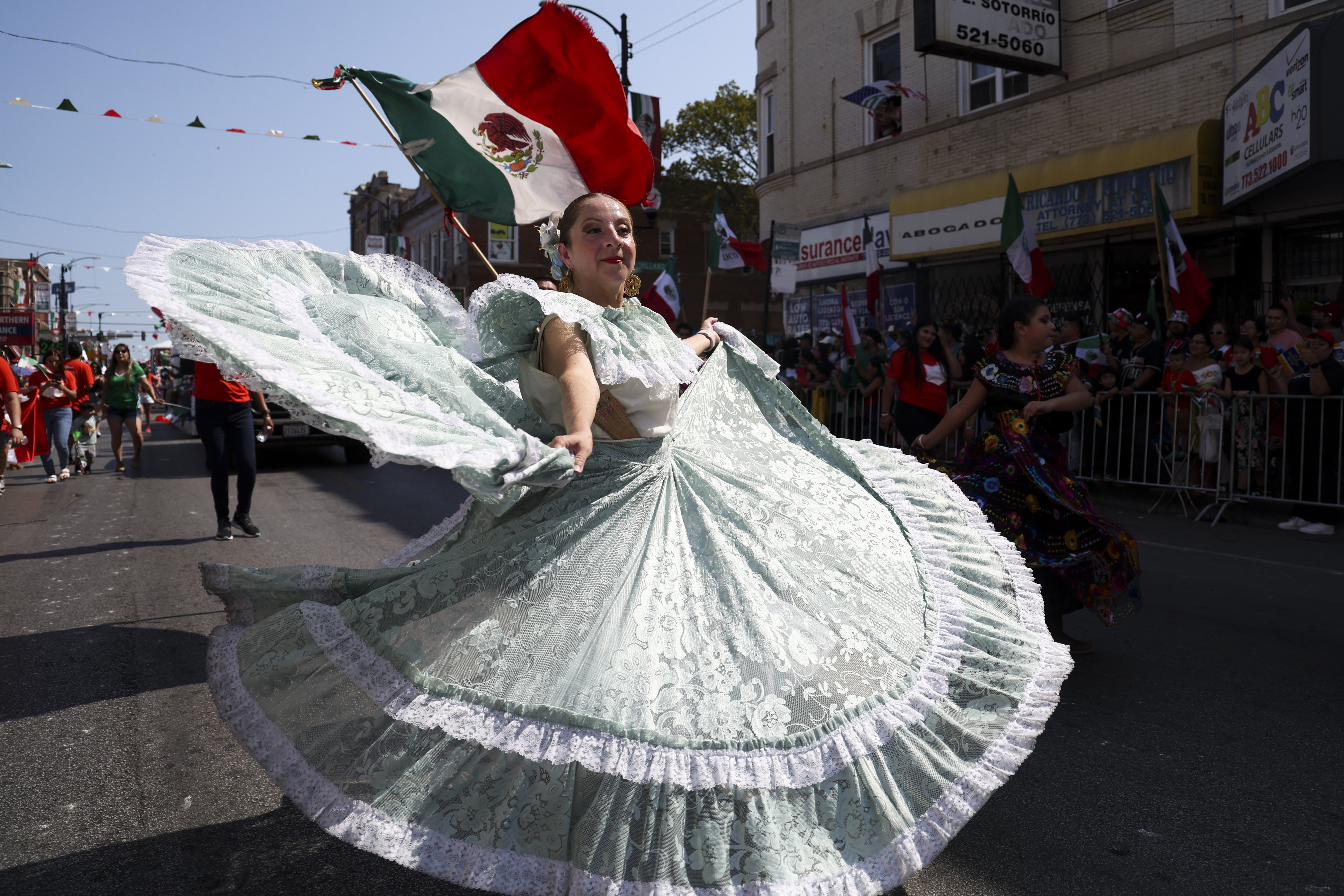 A dancer performs during the Mexican Independence Day Parade in Little Village on Sunday, Sept. 15, 2024. (Eileen T. Meslar/Chicago Tribune)