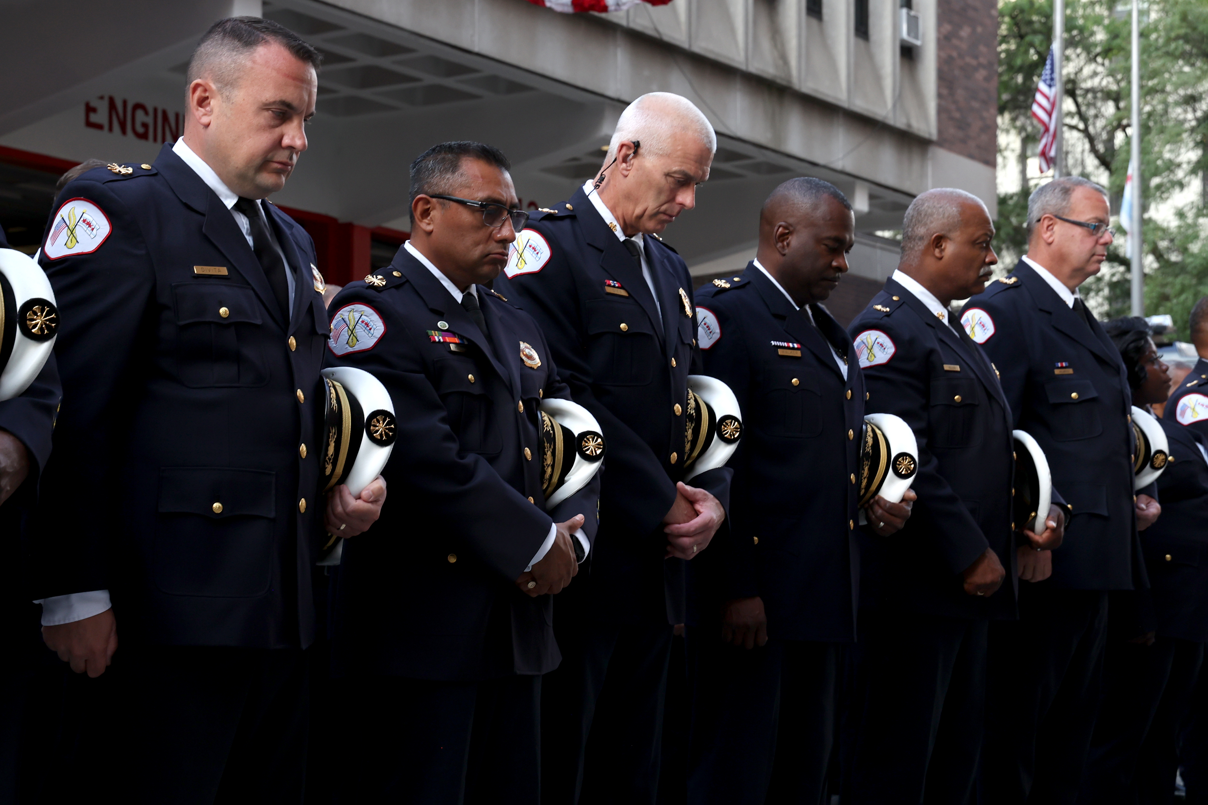 Chicago Fire Department and elected officials mark the 23rd anniversary of the 9/11 terrorist attacks during a memorial tribute, Sept. 11, 2024, outside the Engine 42 fire station in Chicago. (Antonio Perez/Chicago Tribune)