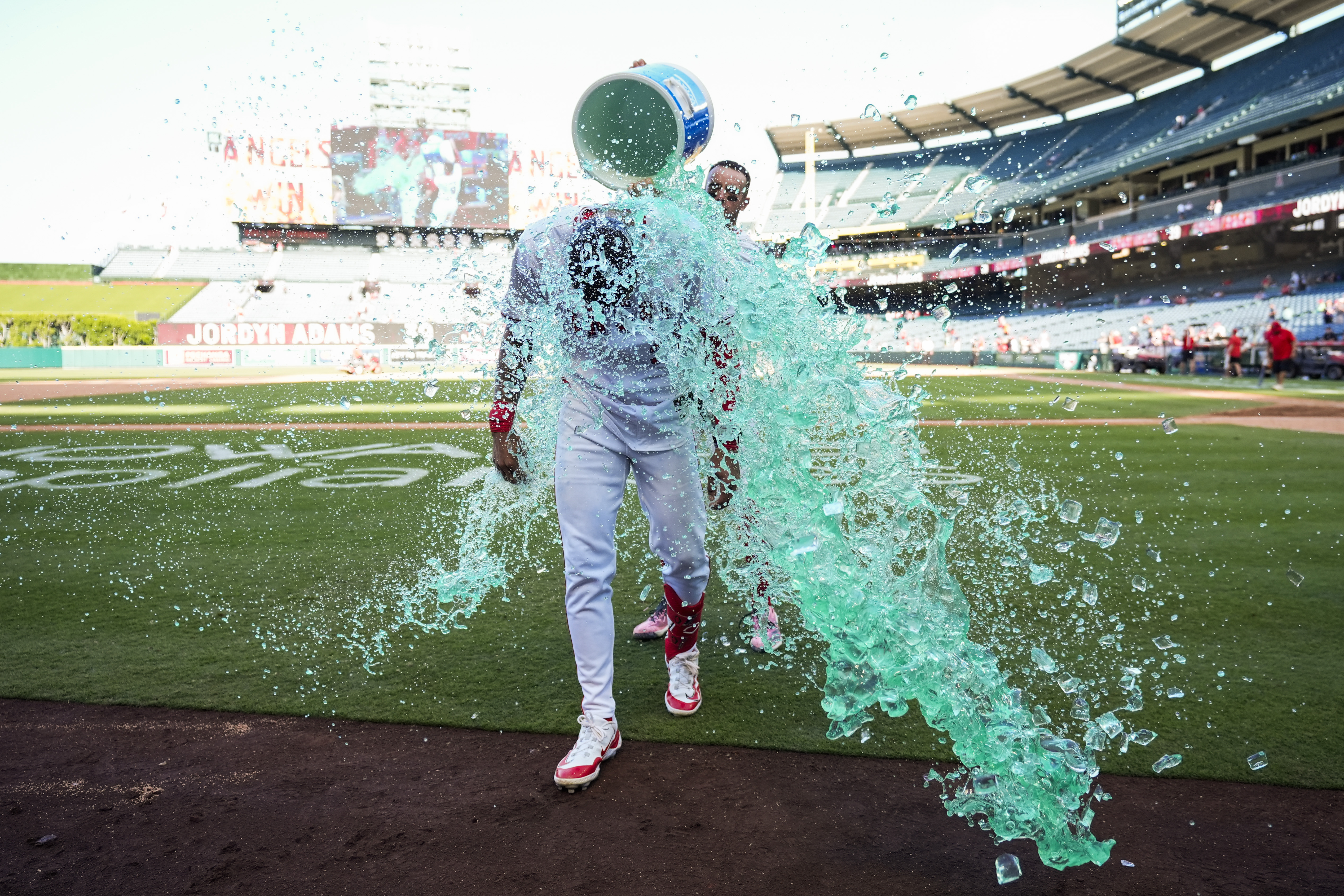 Angels center fielder Jordyn Adams is doused after hitting a walk-off infield single for a 4-3 victory against the White Sox on Sept. 18, 2024, in Anaheim, Calif. (Ashley Landis/AP)