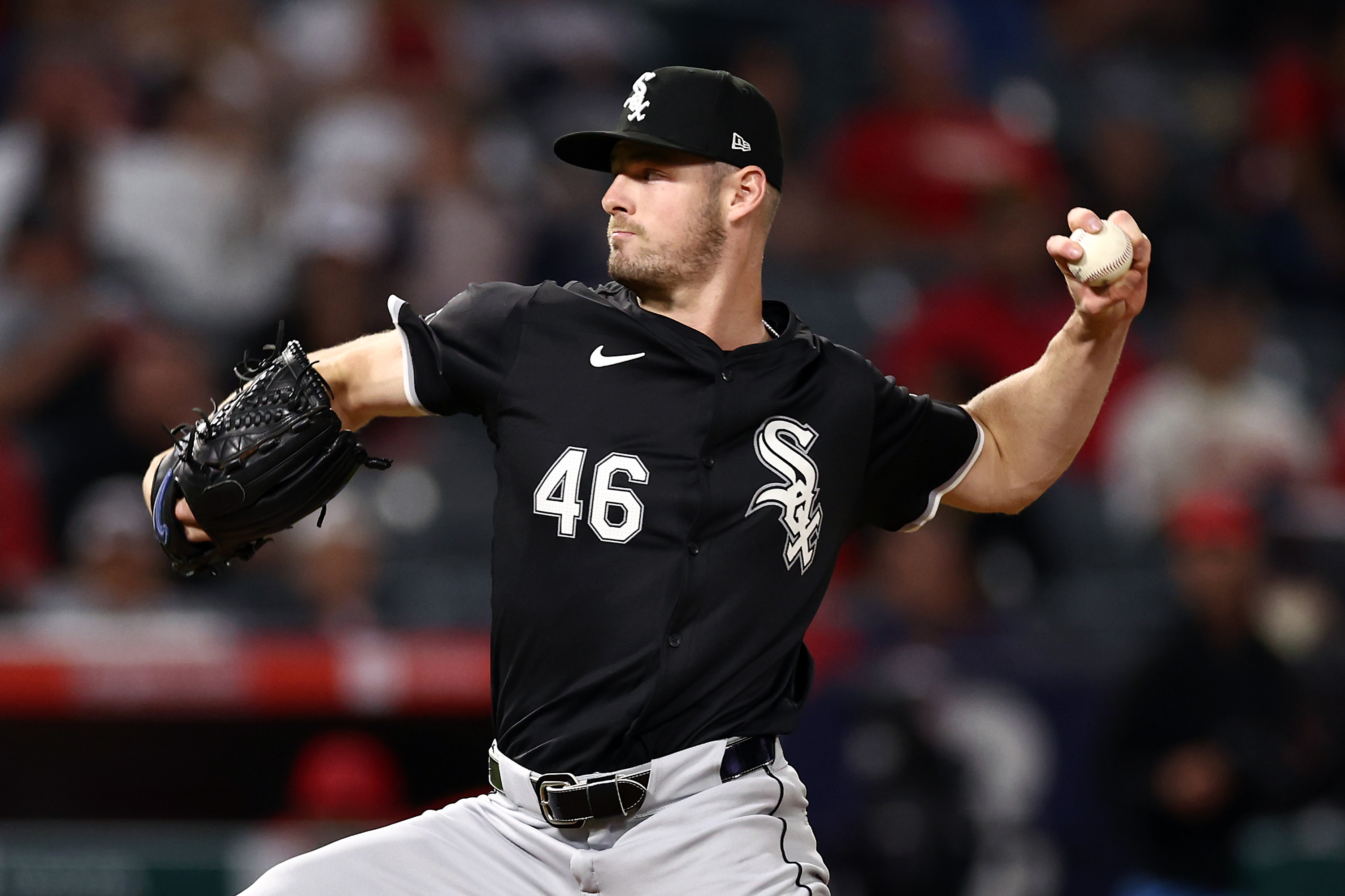 White Sox reliever Jake Eder, making his major-league debut, delivers against the Angels on Sept. 17, 2024, in Anaheim, California. (Katelyn Mulcahy/Getty)