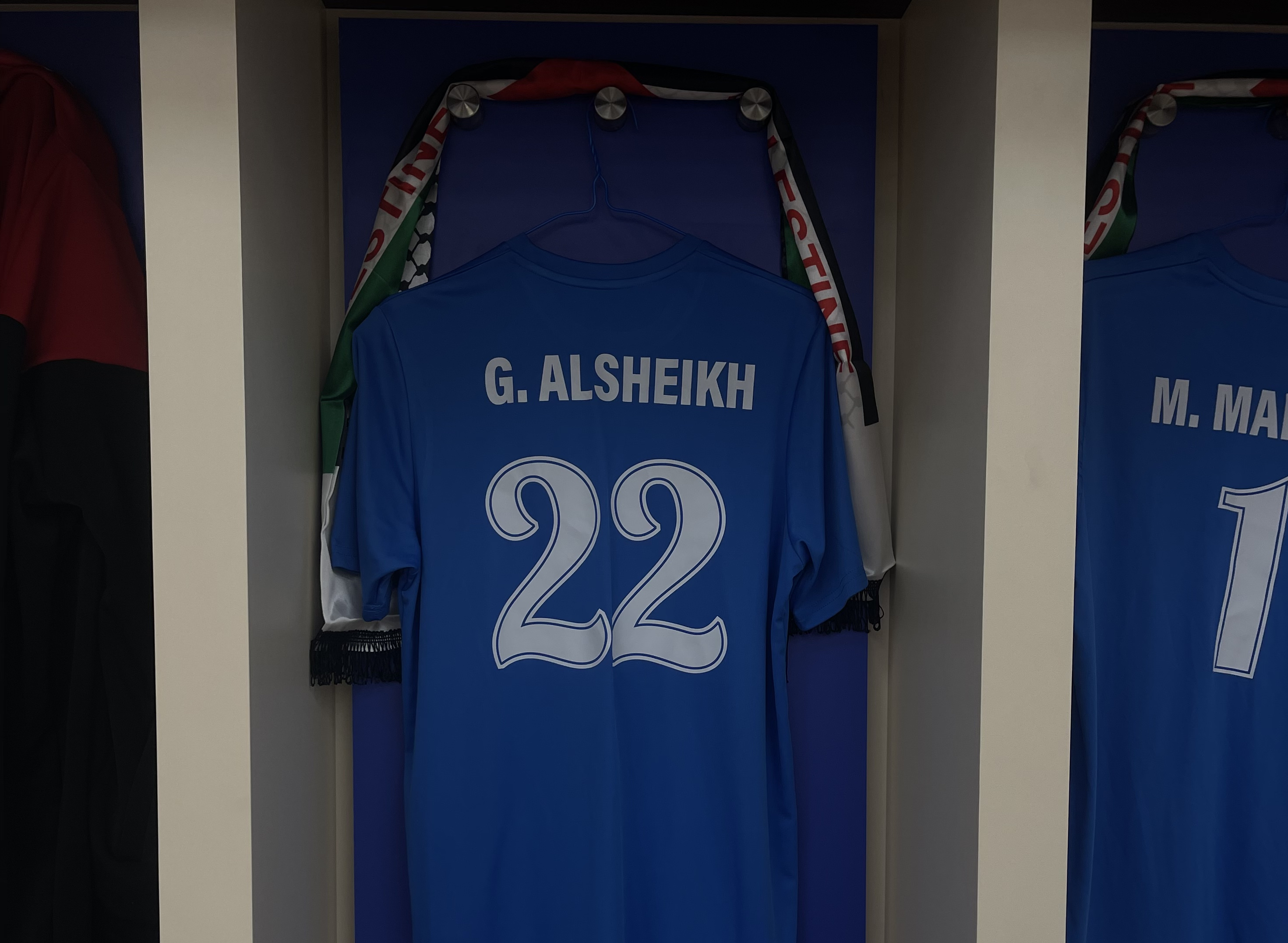 Guevara Al-Sheikh's jersey hangs in a locker. Al-Sheikh, of Orland Park, joined the Palestinian National Soccer Team in advance of the West Asian Women's Football Championship earlier this year in Saudi Arabia. (Guevara Al-Sheikh)