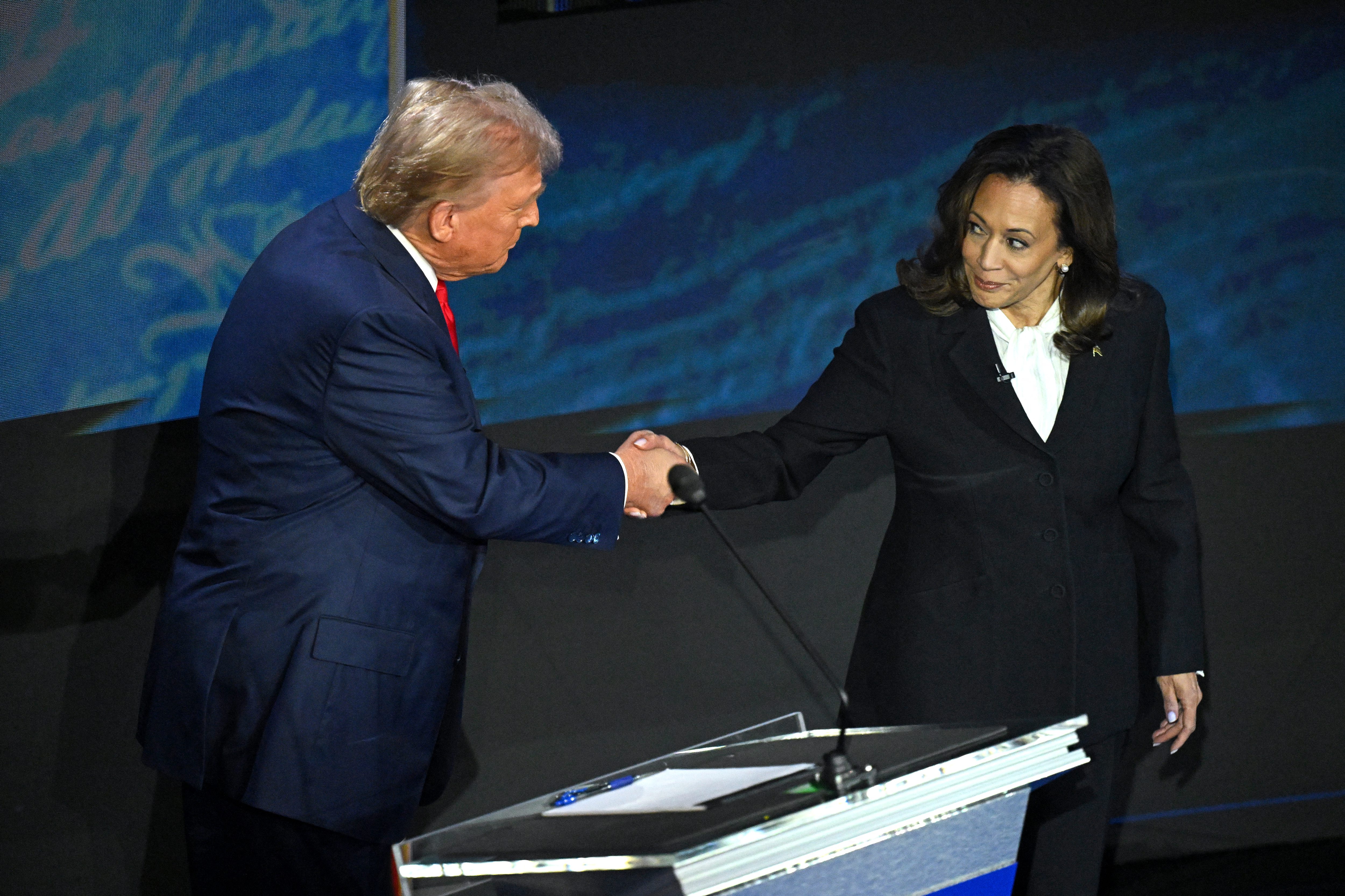 Vice President and Democratic presidential candidate Kamala Harris, right, shakes hands with former President and Republican presidential candidate Donald Trump during their debate at the National Constitution Center in Philadelphia, Pennsylvania, on Sept. 10, 2024. (Saul Loeb/Getty-AFP)