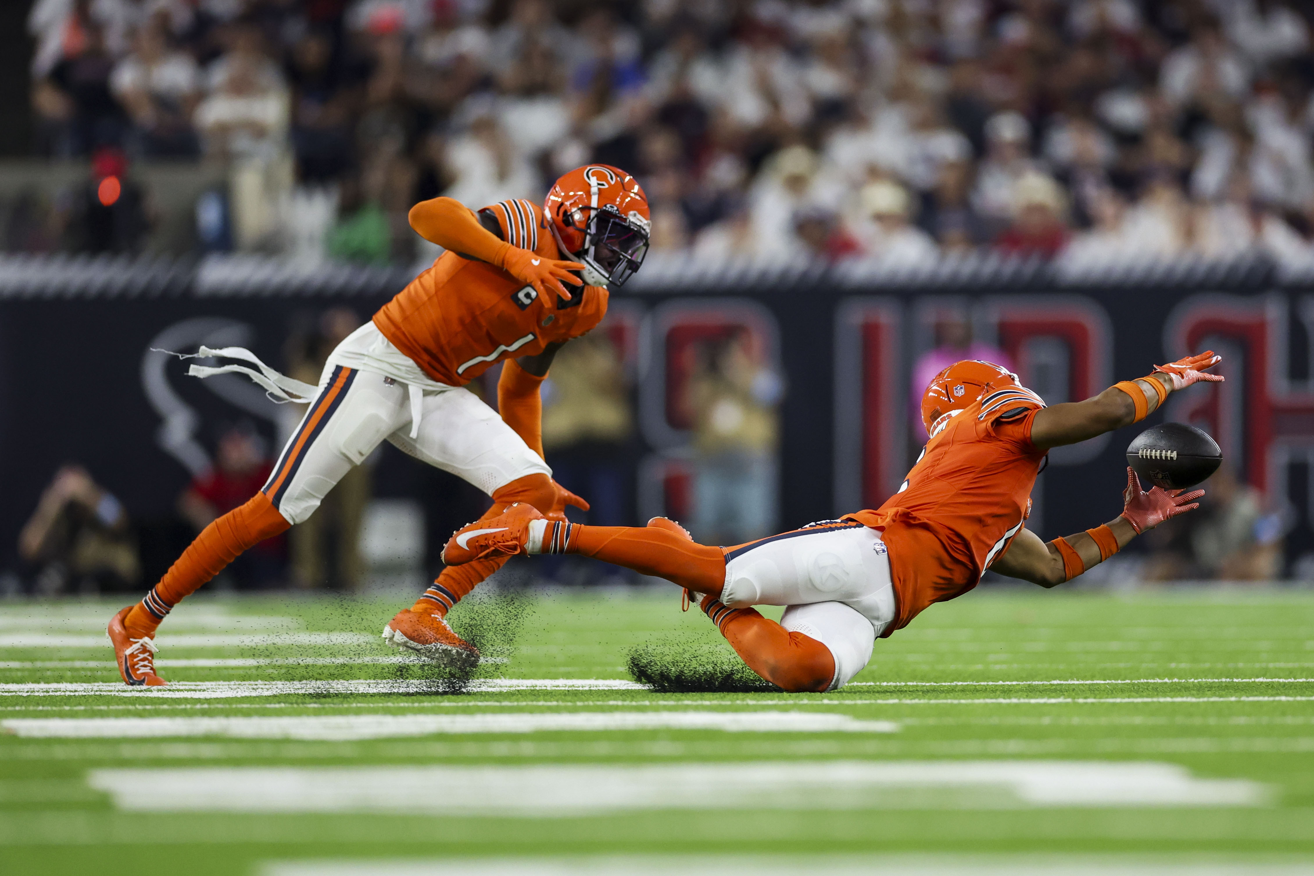 Bears cornerback Kyler Gordon almost makes an interception during the third quarter against the Texans at NRG Stadium on Sept. 15, 2024, in Houston. (Armando L. Sanchez/Chicago Tribune)