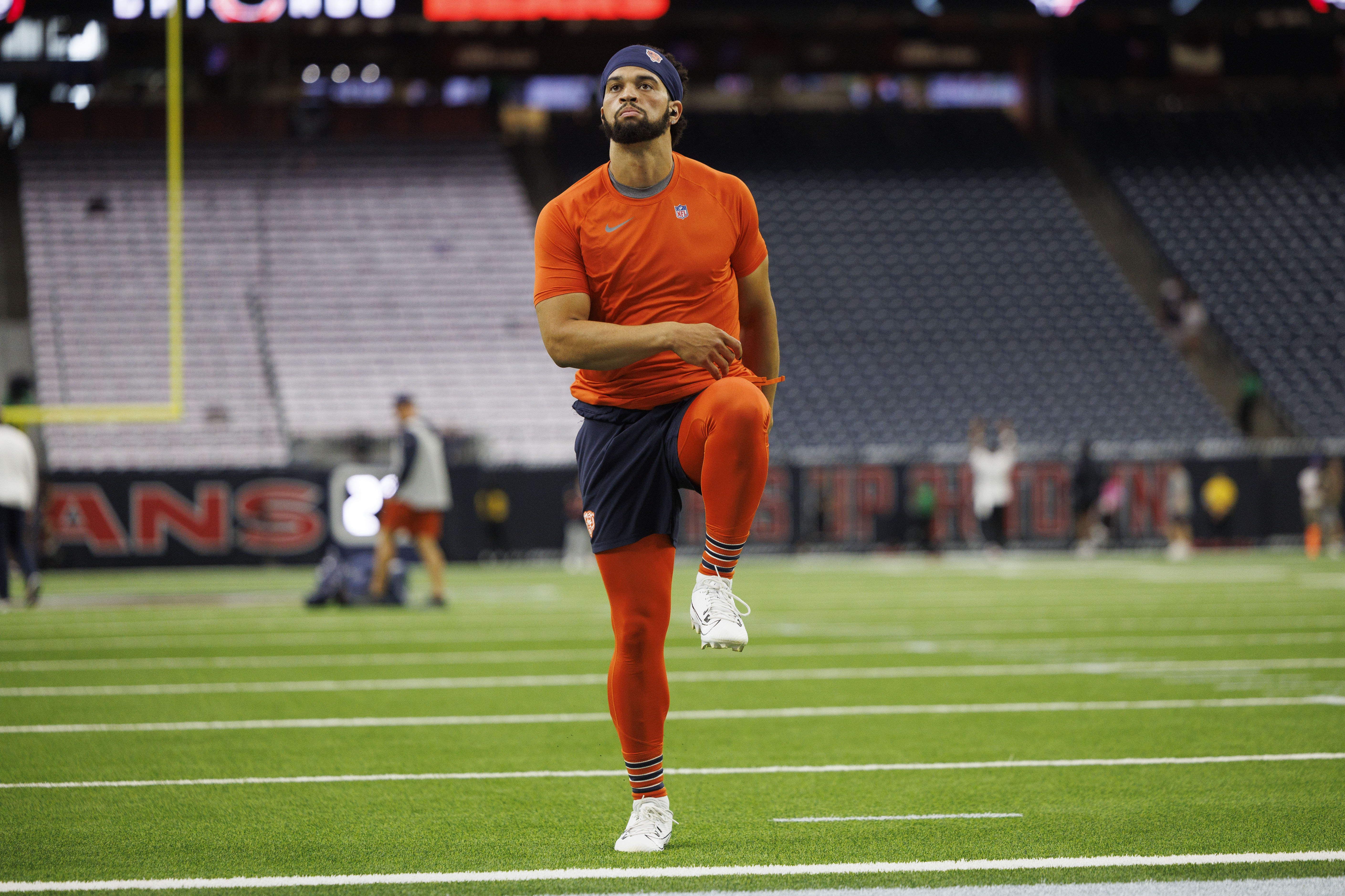 Chicago Bears quarterback Caleb Williams (18) warms up on the field before the Bears play the Houston Texans at NRG Stadium Sunday Sept. 15, 2024, in Houston. (Armando L. Sanchez/Chicago Tribune)