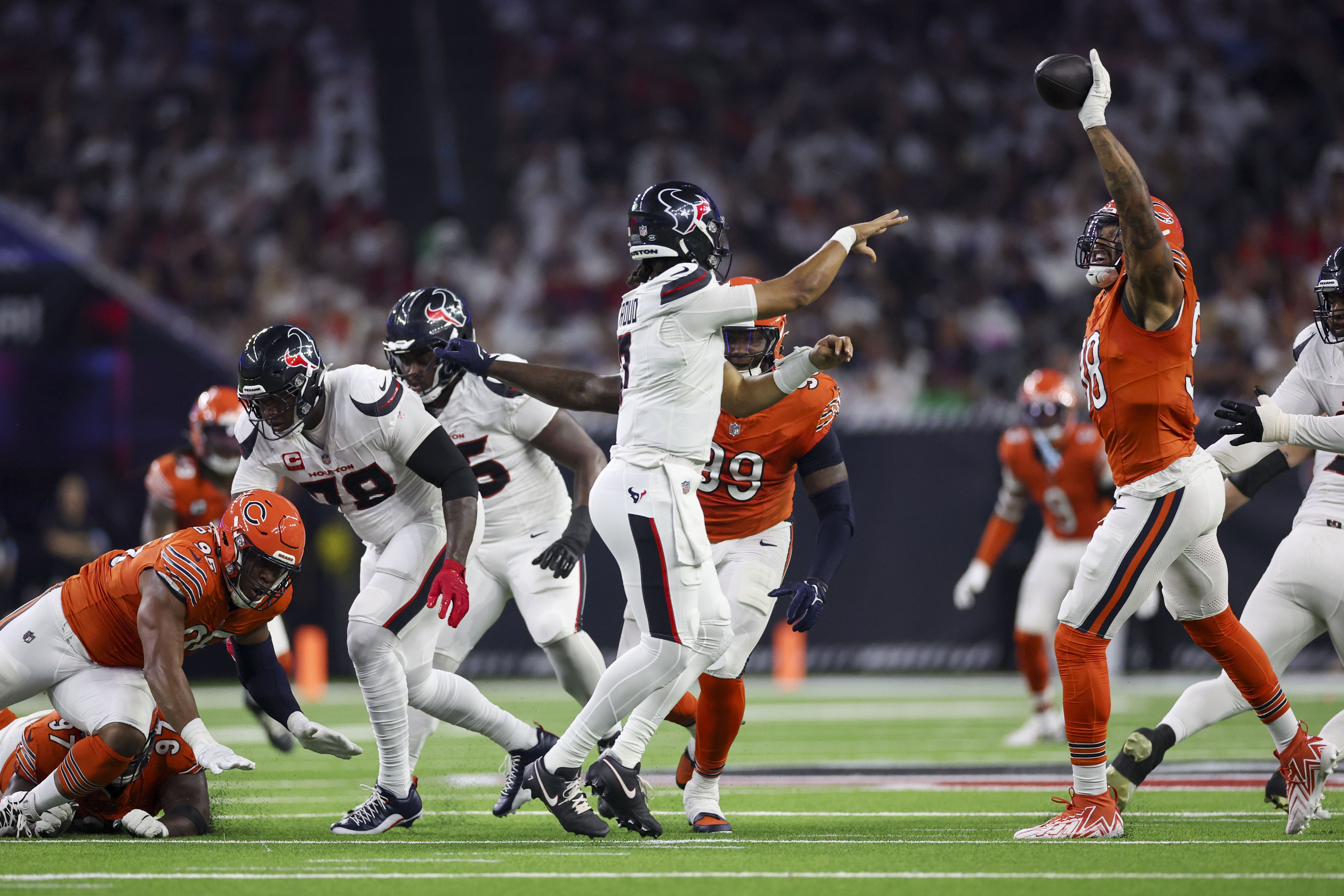 Bears defensive end Montez Sweat tips a pass from Texans quarterback C.J. Stroud during the first quarter at NRG Stadium on Sept. 15, 2024, in Houston. (Armando L. Sanchez/Chicago Tribune)