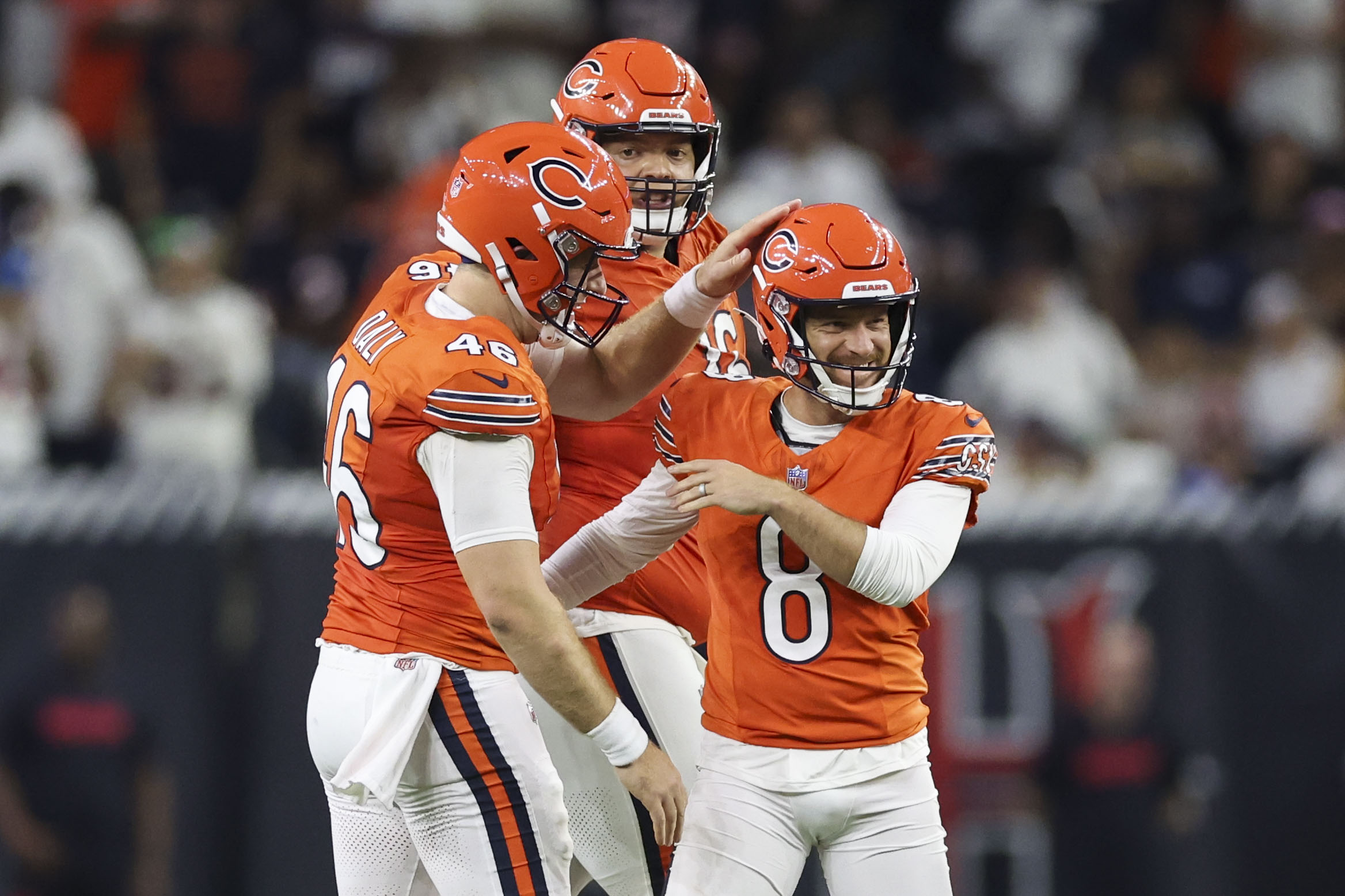 Chicago Bears place kicker Cairo Santos (8) celebrates after kicking a three-point field goal during the fourth quarter against the Houston Texans at NRG Stadium Sunday Sept. 15, 2024, in Houston. (Armando L. Sanchez/Chicago Tribune)