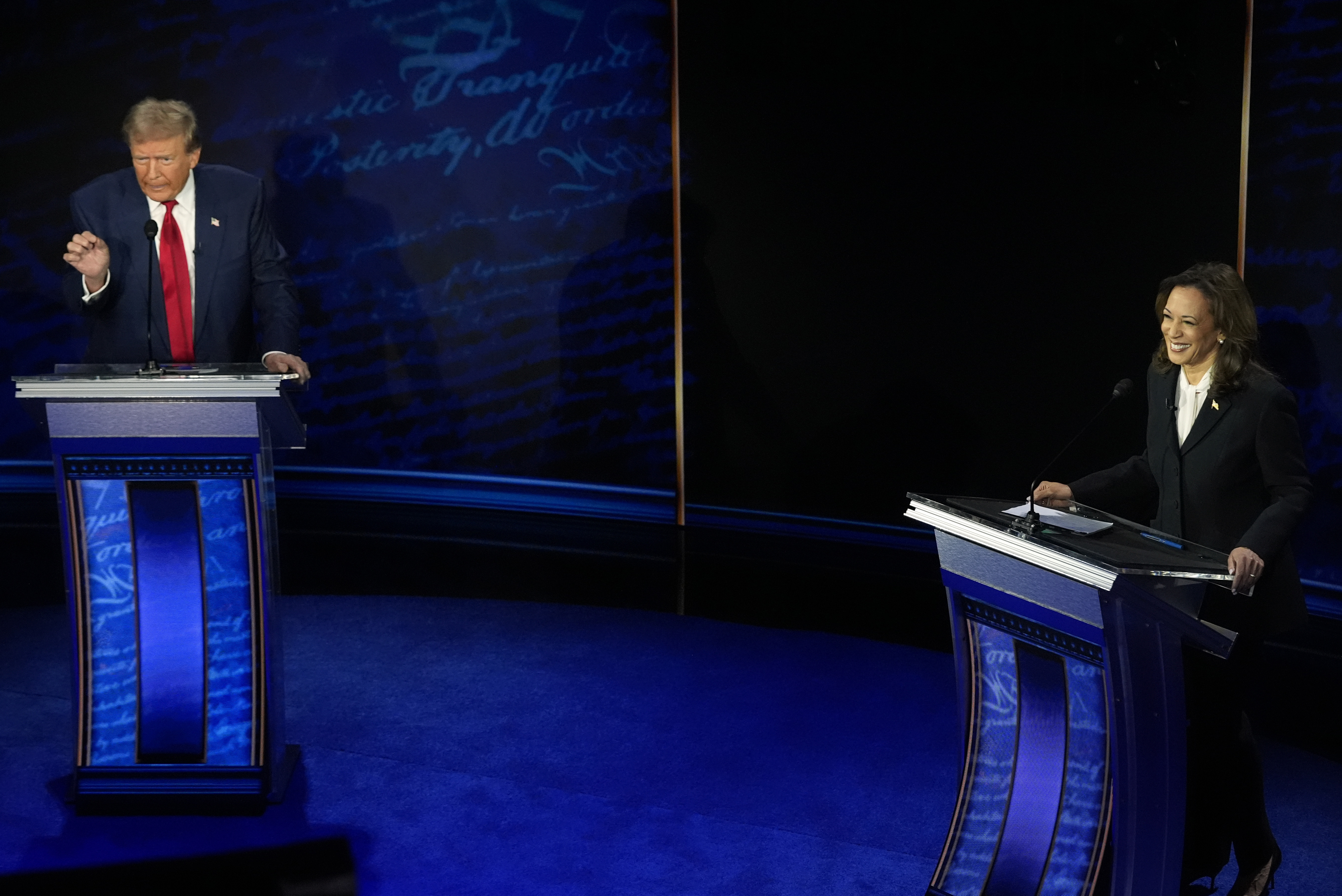 Republican presidential nominee former President Donald Trump and Democratic presidential nominee Vice President Kamala Harris participate during an ABC News presidential debate at the National Constitution Center on Tuesday, Sept.10, 2024, in Philadelphia. (Alex Brandon/AP)