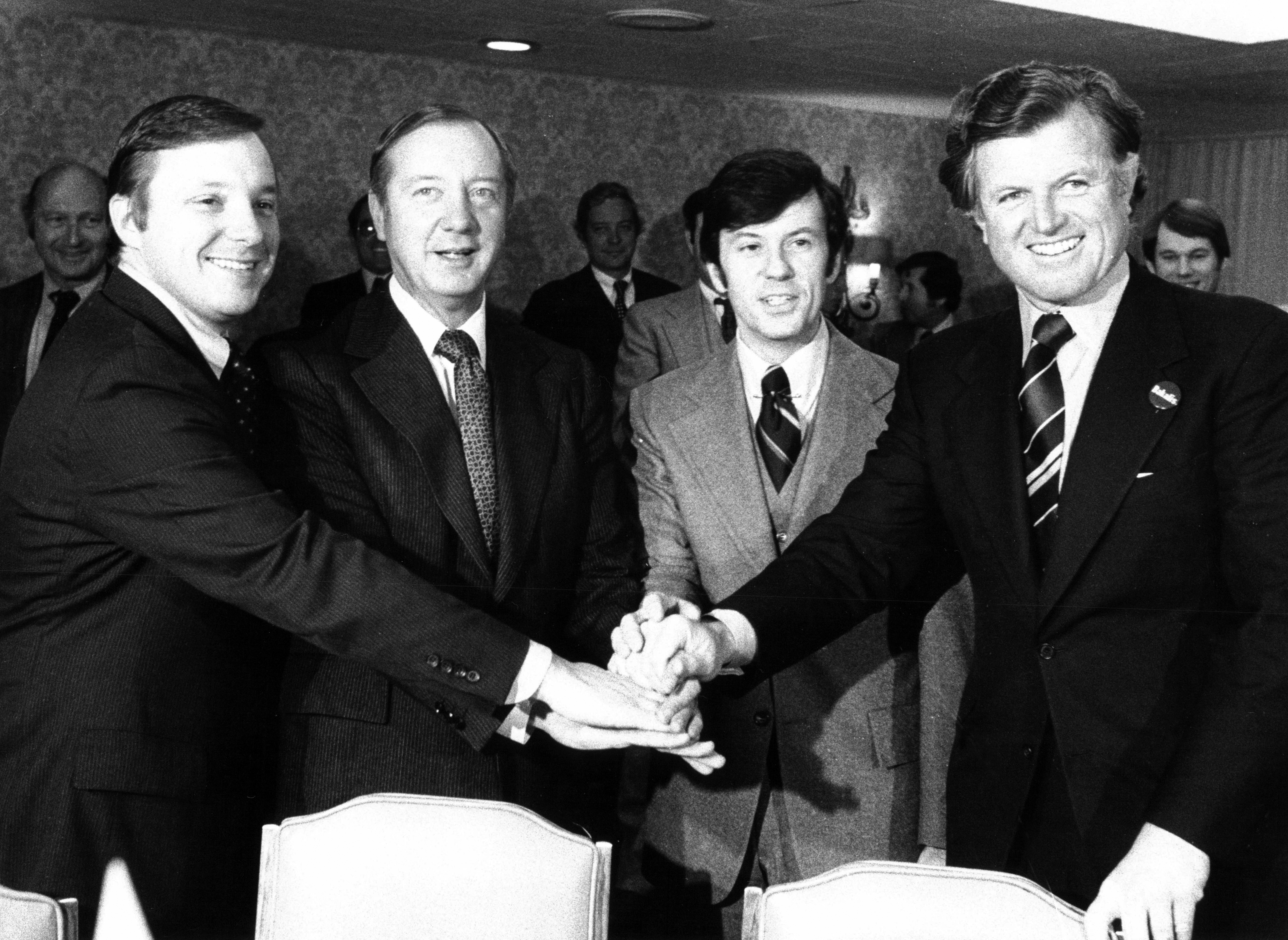 Sen. Ted Kennedy, right, poses with Dick Durbin, from left, Mayor Michael Bilandic and Michael Bakalis at the Continental Plaza on Oct. 24, 1978. Kennedy was in town to stump for Bakalis' candidacy for governor. Durbin was the lieutenant governor candidate. (William Yates/Chicago Tribune)