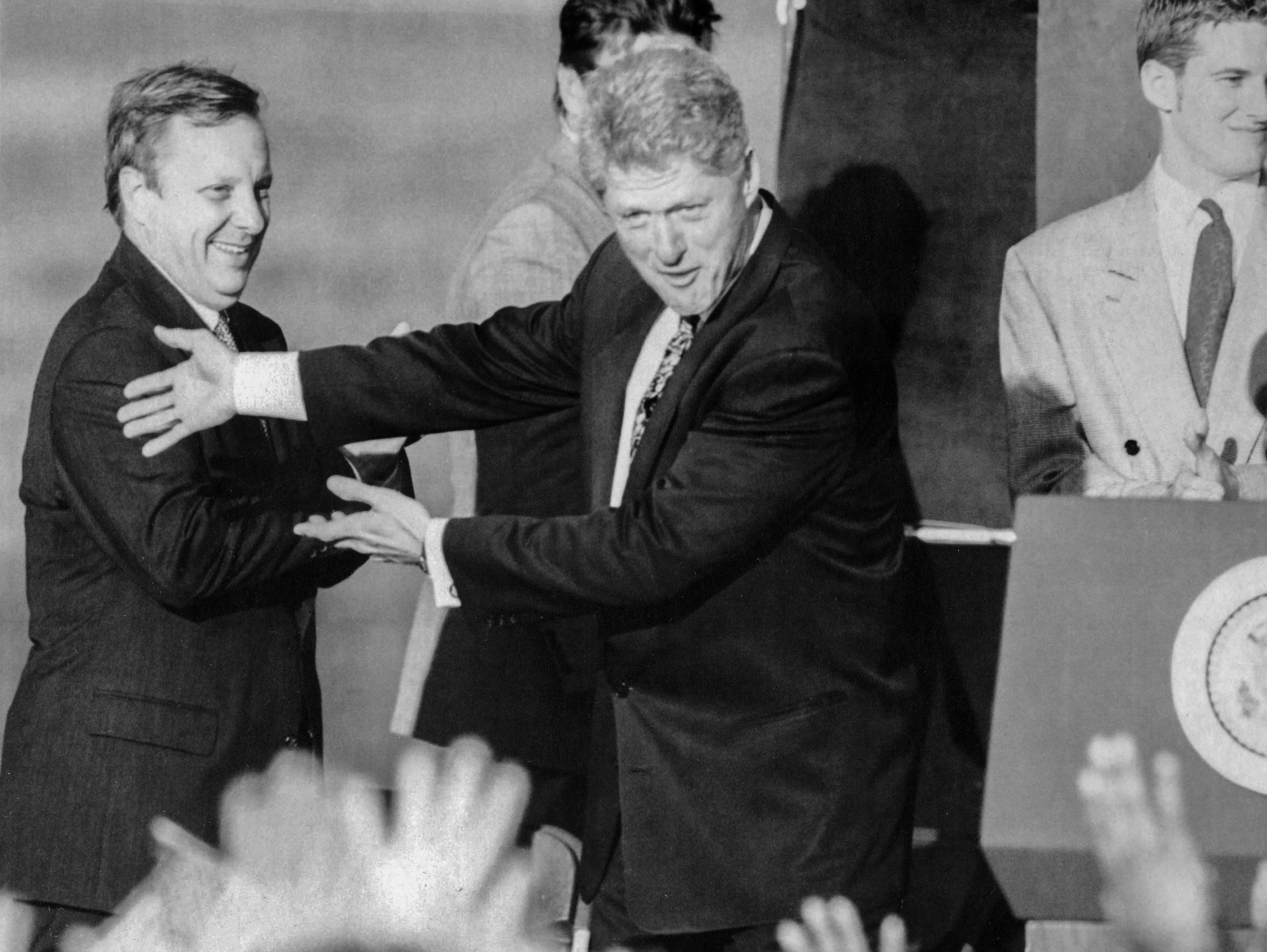 Then-U.S. Rep. and Senate hopeful Dick Durbin, left, appears with President Bill Clinton at Homewood-Flossmoor Community High School on Sept. 17, 1996, in Flossmoor. (José M. Osorio/Chicago Tribune)