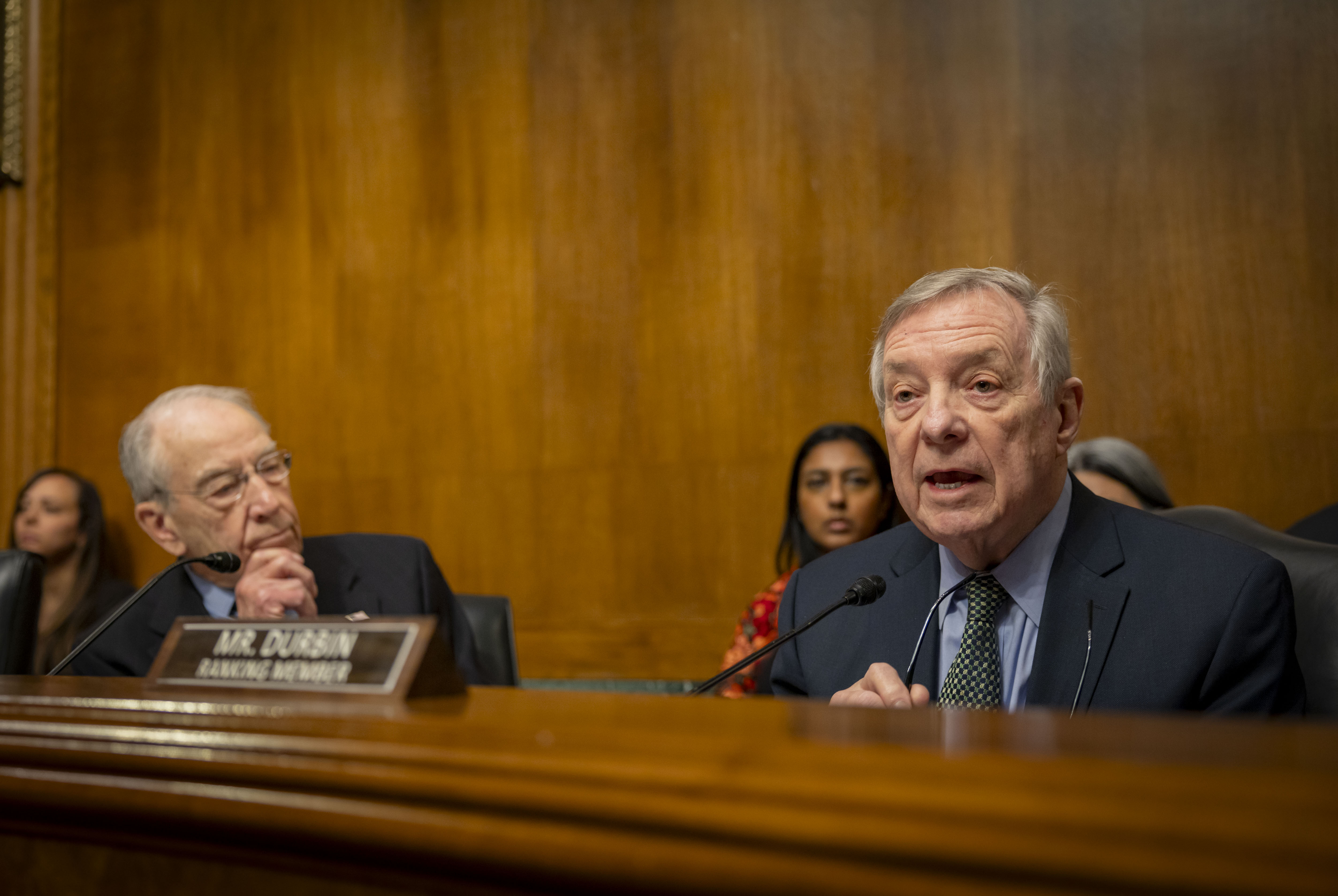 Sen. Dick Durbin, the ranking member, delivers opening remarks during a Senate Judiciary Committee nomination hearing, Feb. 12, 2025, at the Dirksen Senate Office Building in Washington. Chairman Sen. Chuck Grassley (R-Iowa) listens at left. The committee considered Todd Blanche for deputy attorney general and Abigail Slater for an assistant attorney general. (Brian Cassella/Chicago Tribune)
