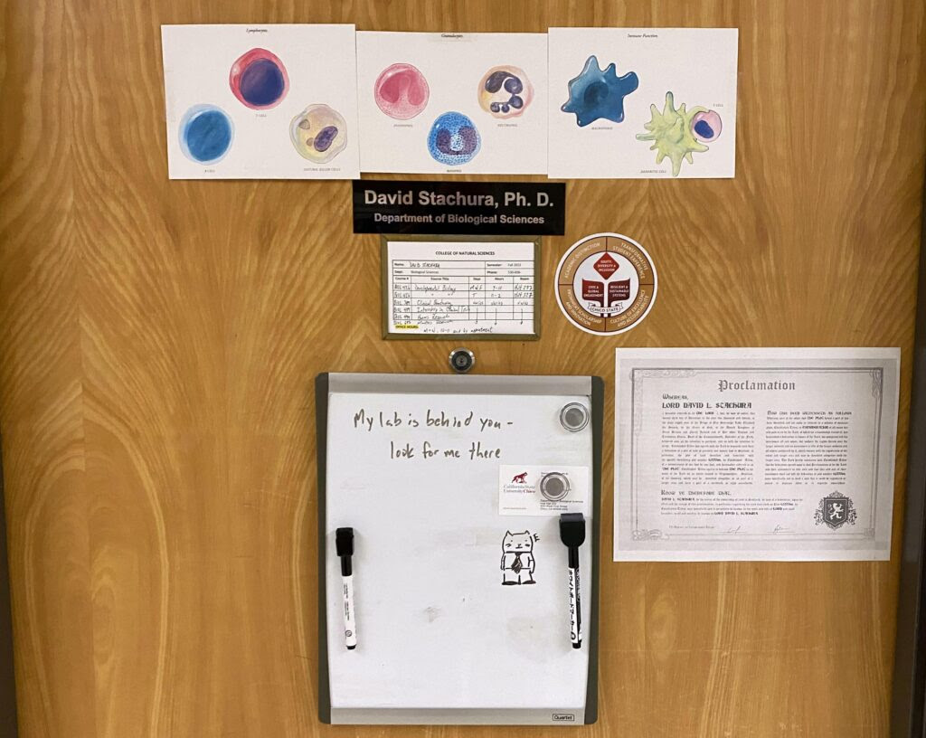 David Stachura's office door in the Department of Biological Sciences in Chico State's Holt Hall. (Thomas Peele/EdSource)