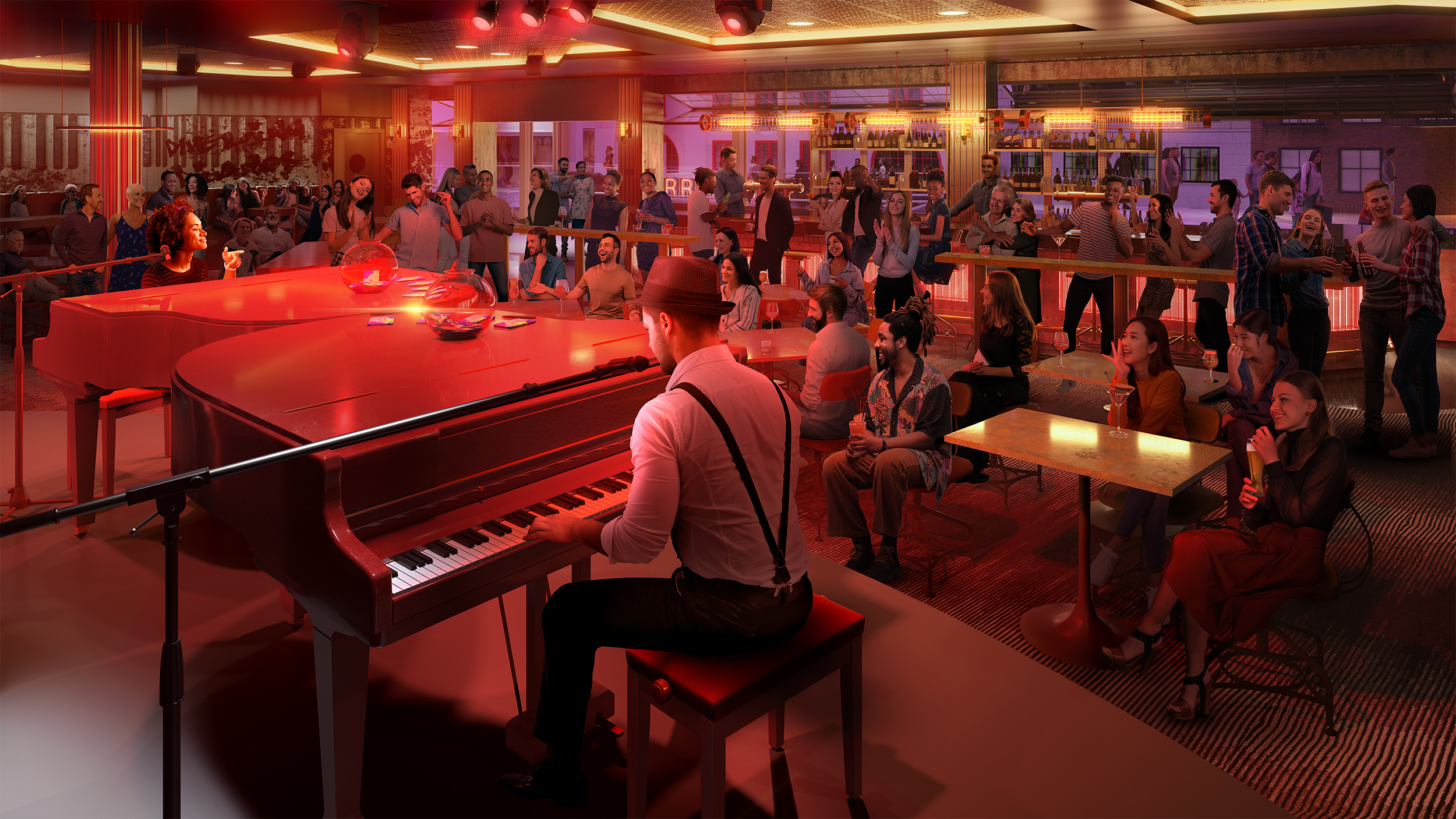 This rendering shows new entertainment venue Dueling Pianos on the Royal Promenade coming to Royal Caribbean's Icon of the Seas. (Royal Caribbean)