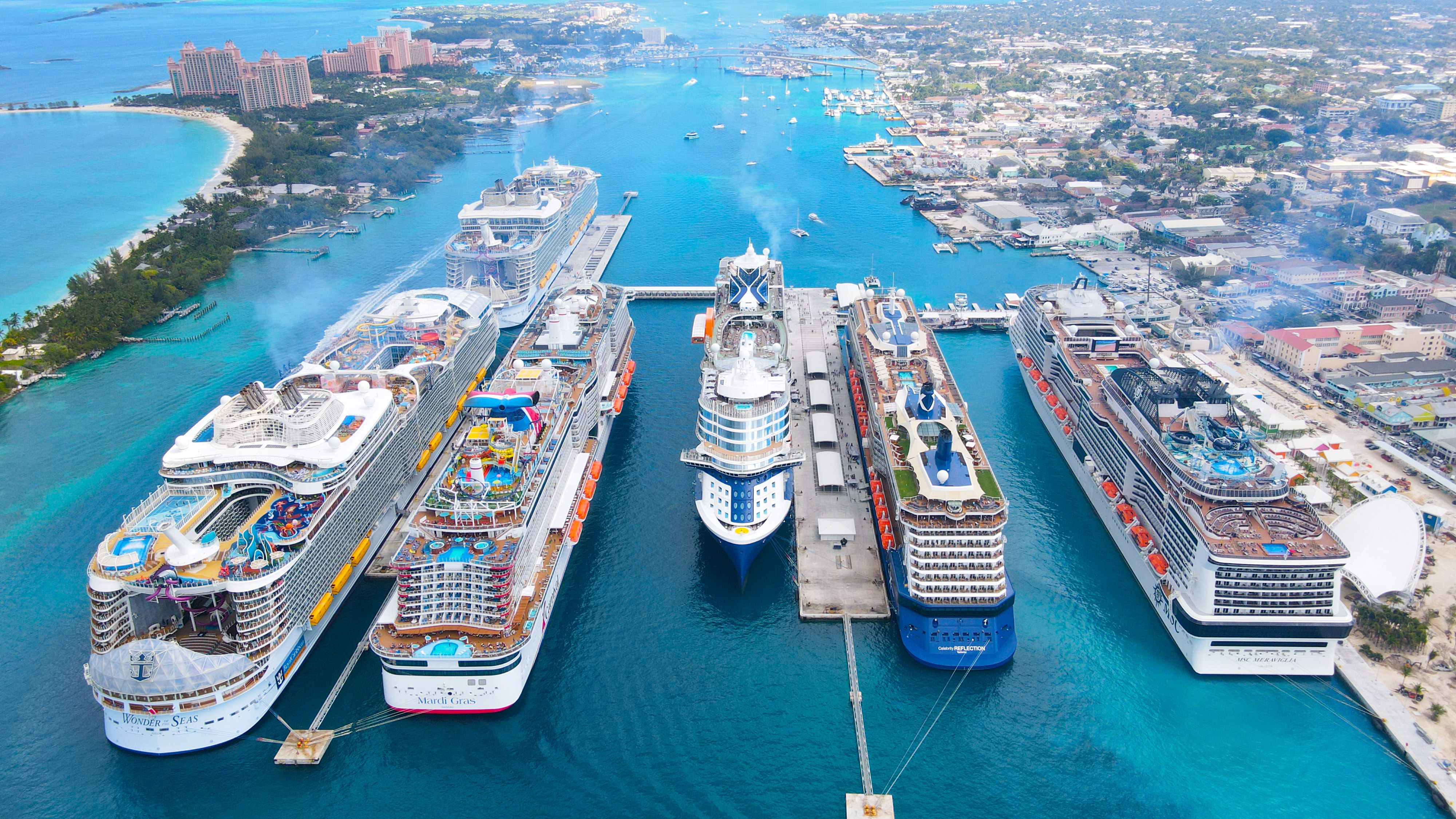 The port in Nassau, Bahamas set a single-day record on Feb. 27, 2023 welcoming 28,554 passengers with six ships in port: Royal Caribbean's Wonder of The Seas and Harmony of the Seas, Carnival's Mardi Gras, Celebrity Reflection and Beyond and MSC Cruises' Meraviglia. (Courtesy Nassau Cruise Port)