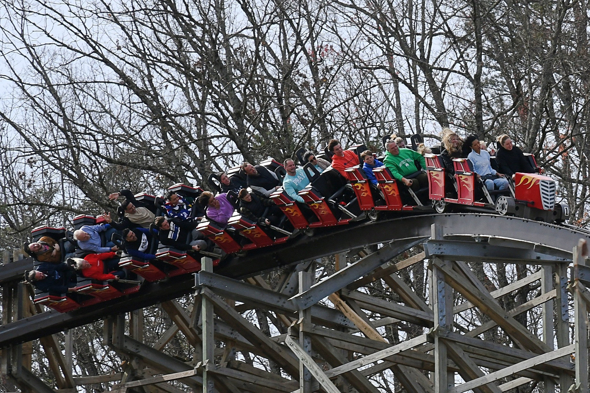 The popular Lightening Rod wooden roller coaster is featured in Dollywood's Jukebox Junction in Pigeon Forge, Tennessee, Saturday, March 11, 2023. (Linze Rice/for the Chicago Tribune)